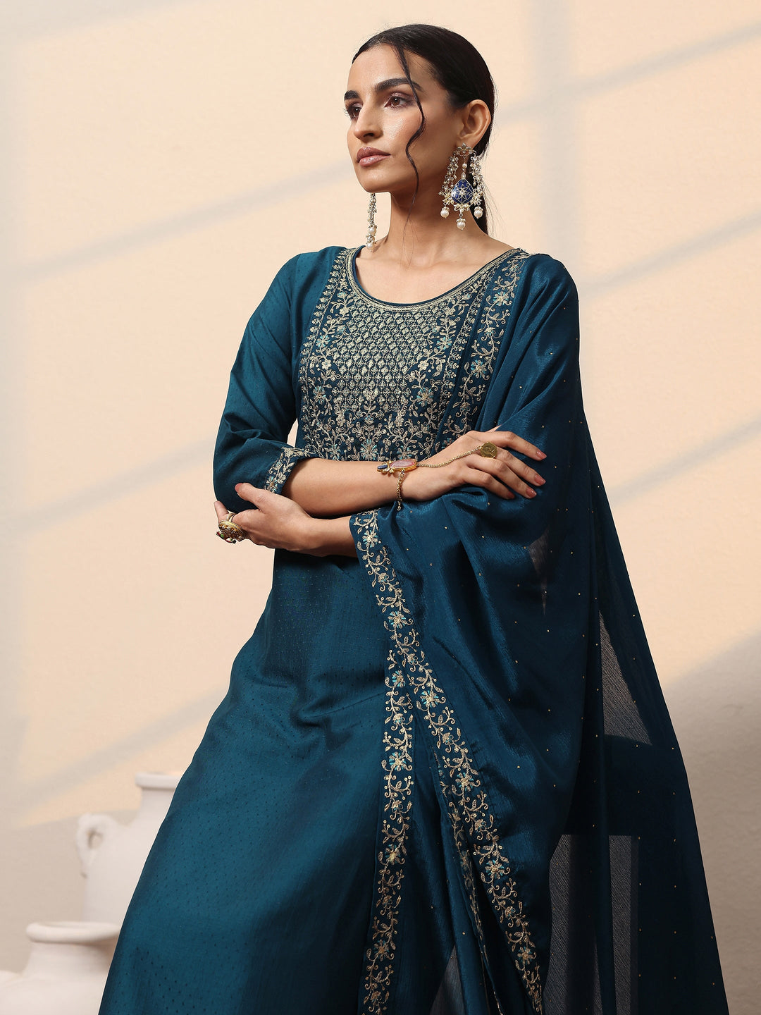 Teal Yoke Design Silk Blend  Straight Suit Set With Dupatta