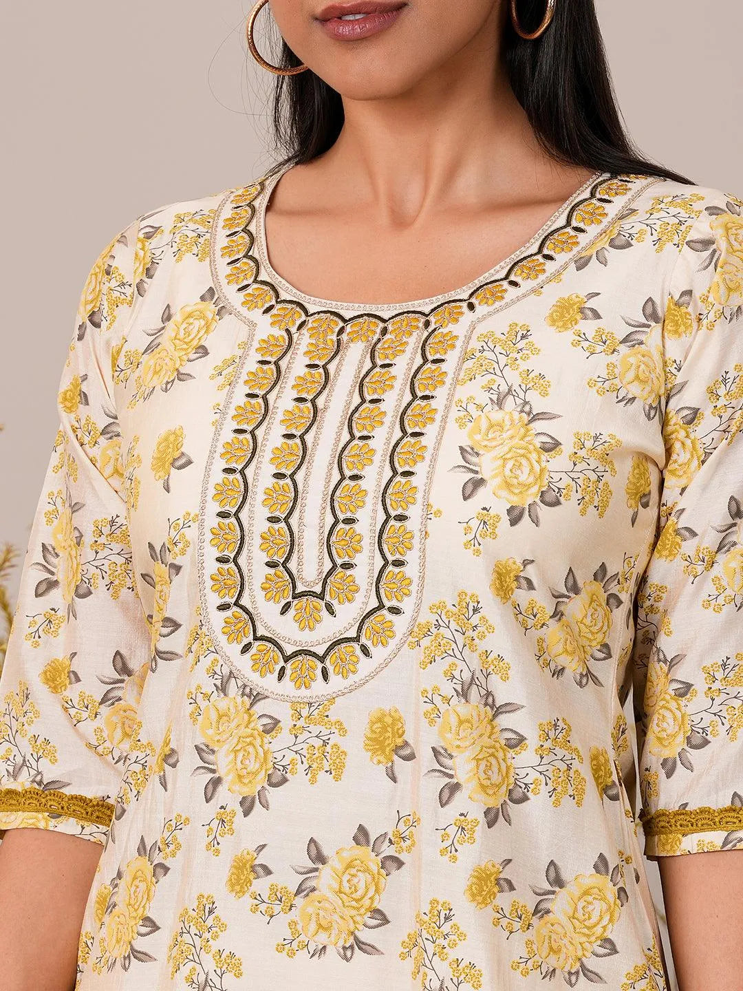 Beige Printed Chanderi Silk Straight Kurta Set - Libas