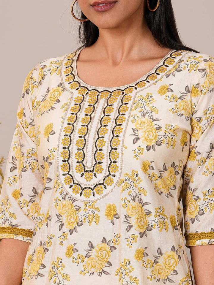 Beige Printed Chanderi Silk Straight Kurta Set - Libas