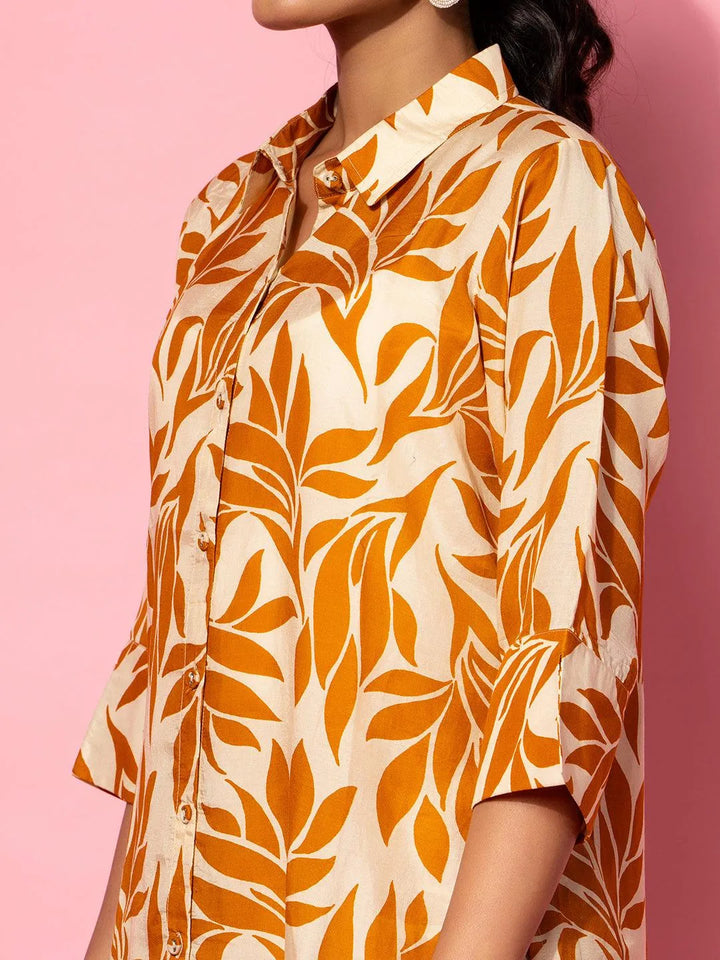 Beige Printed Silk Blend Co-Ords - Libas