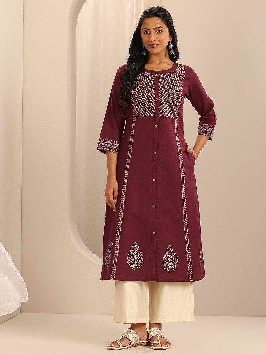 Maroon Printed Cotton Blend A-Line Kurta