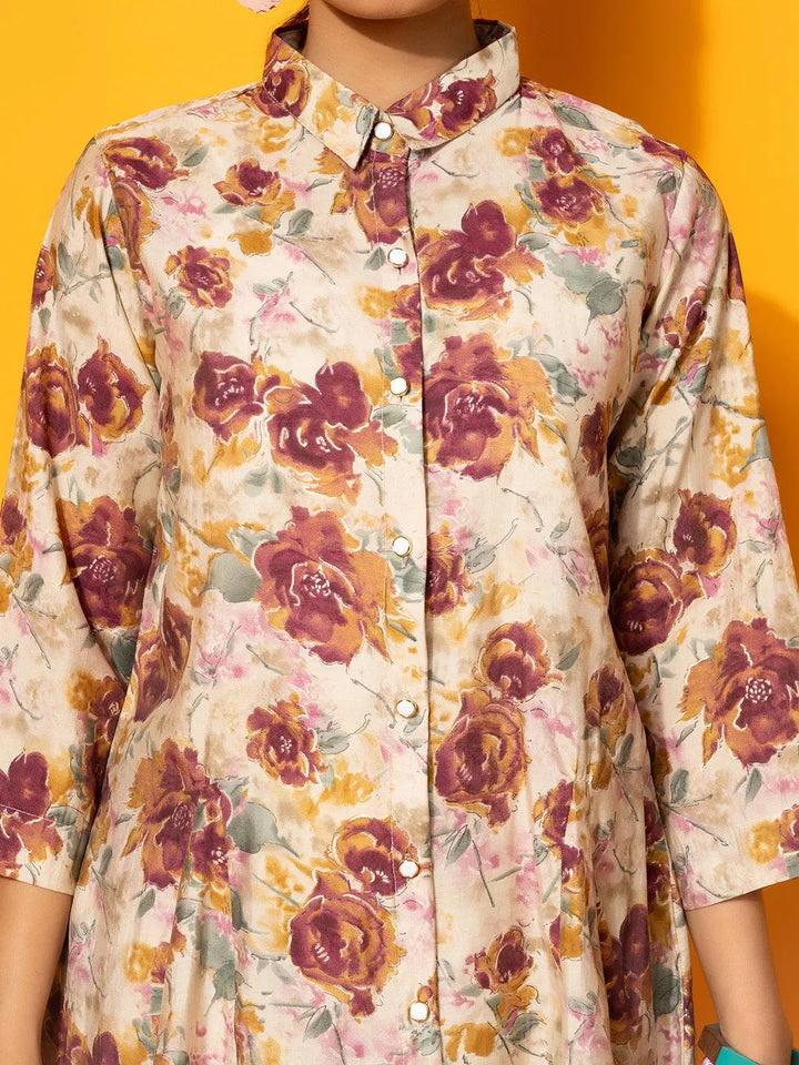 Beige Printed Silk Blend Co-Ords - Libas