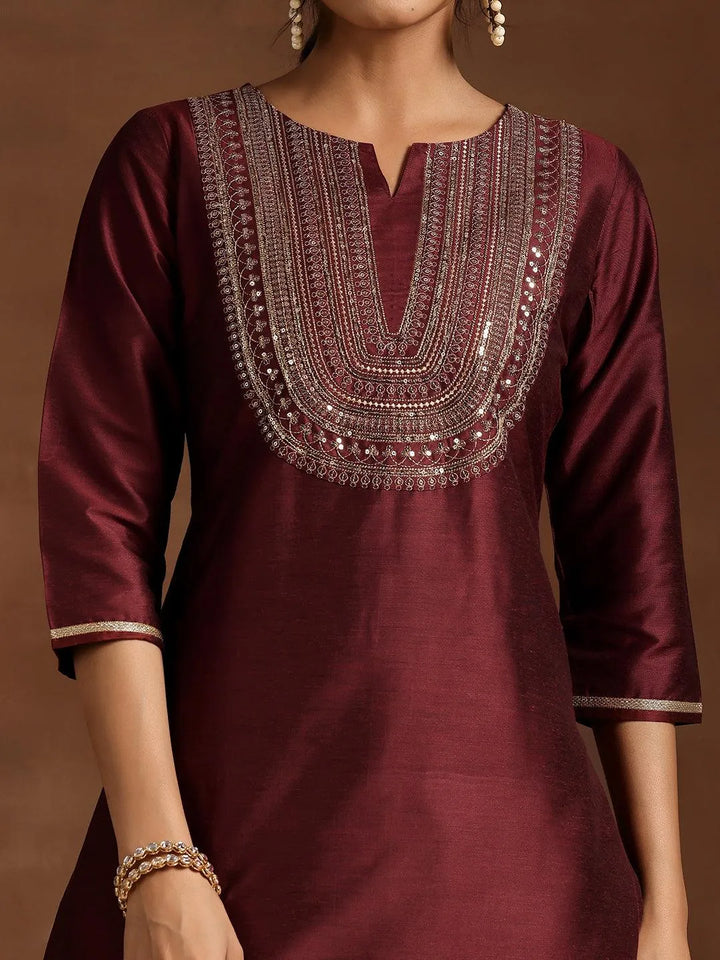 Maroon Yoke Design Silk Blend Straight Kurta Set - Libas