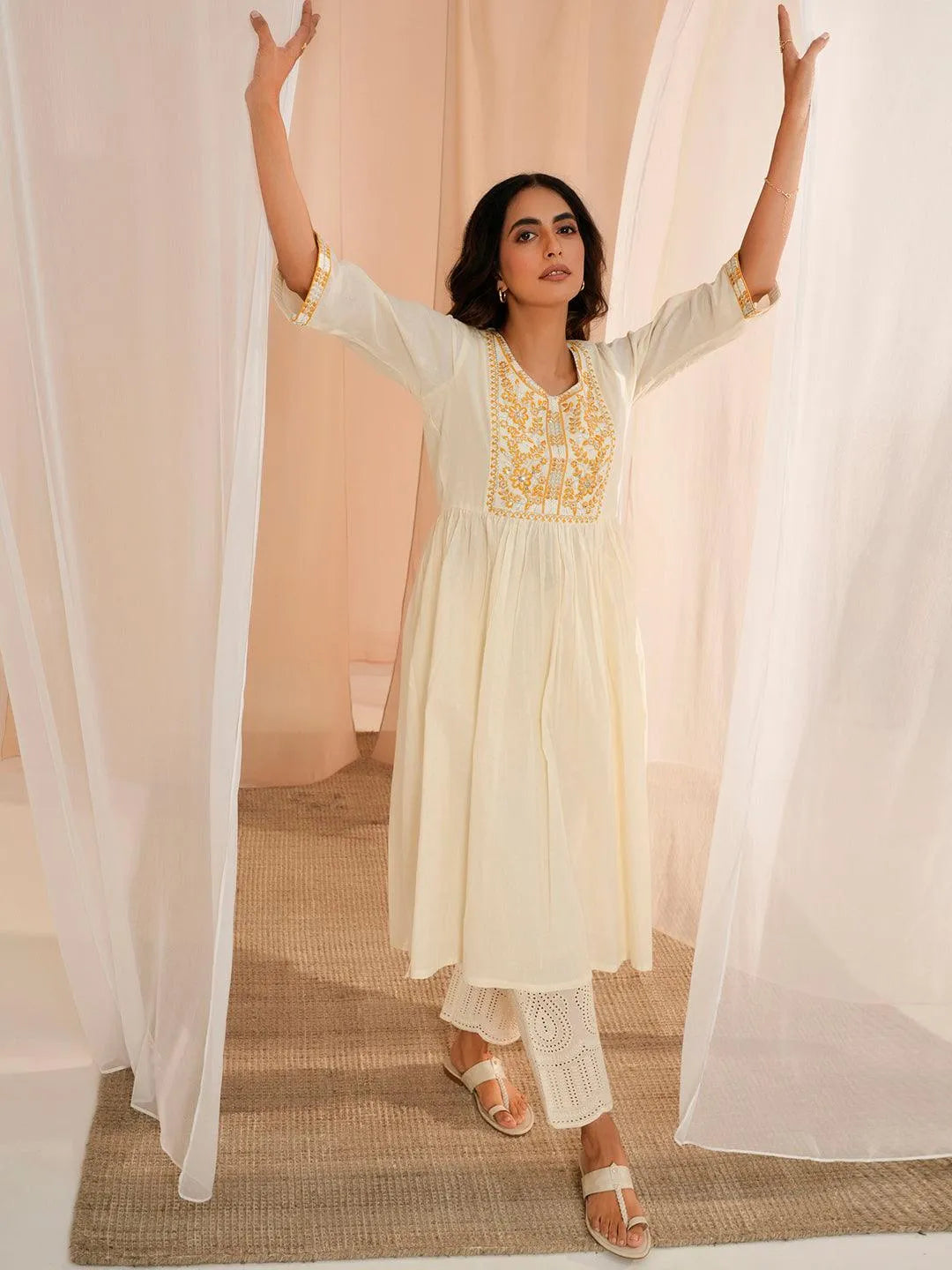 Buy Off White Yoke Design Cotton A-Line Kurta Online at Libas