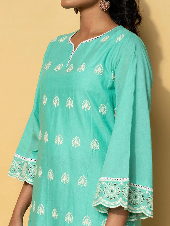 Green Embroidered Cotton Co-Ords - Libas