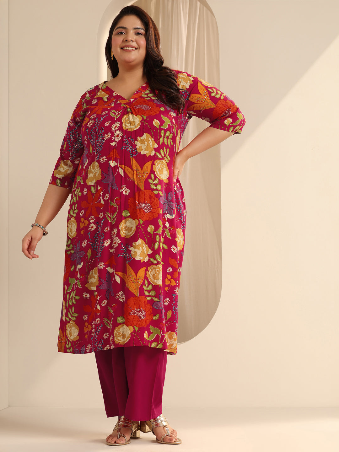 Plus Size Red Printed Viscose Straight Kurta Set