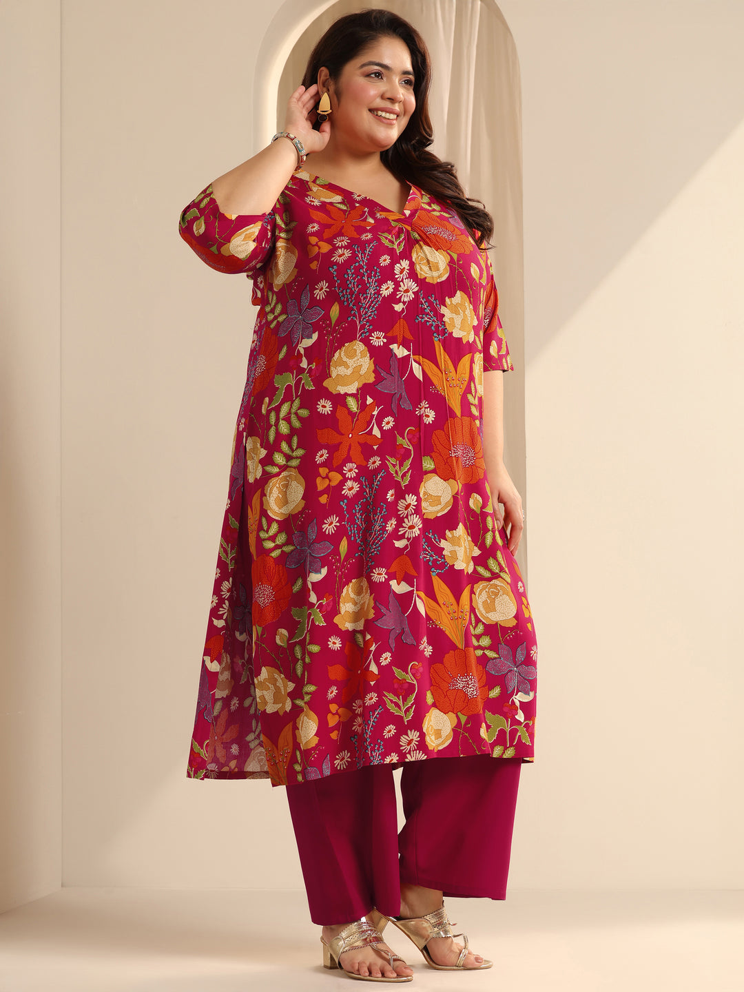 Plus Size Red Printed Viscose Straight Kurta Set
