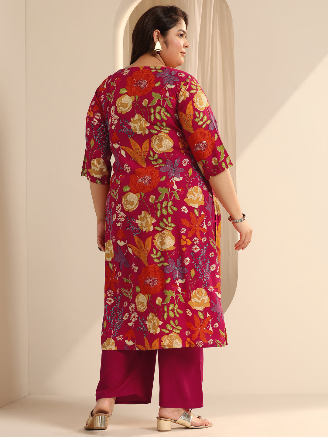 Plus Size Red Printed Viscose Straight Kurta Set