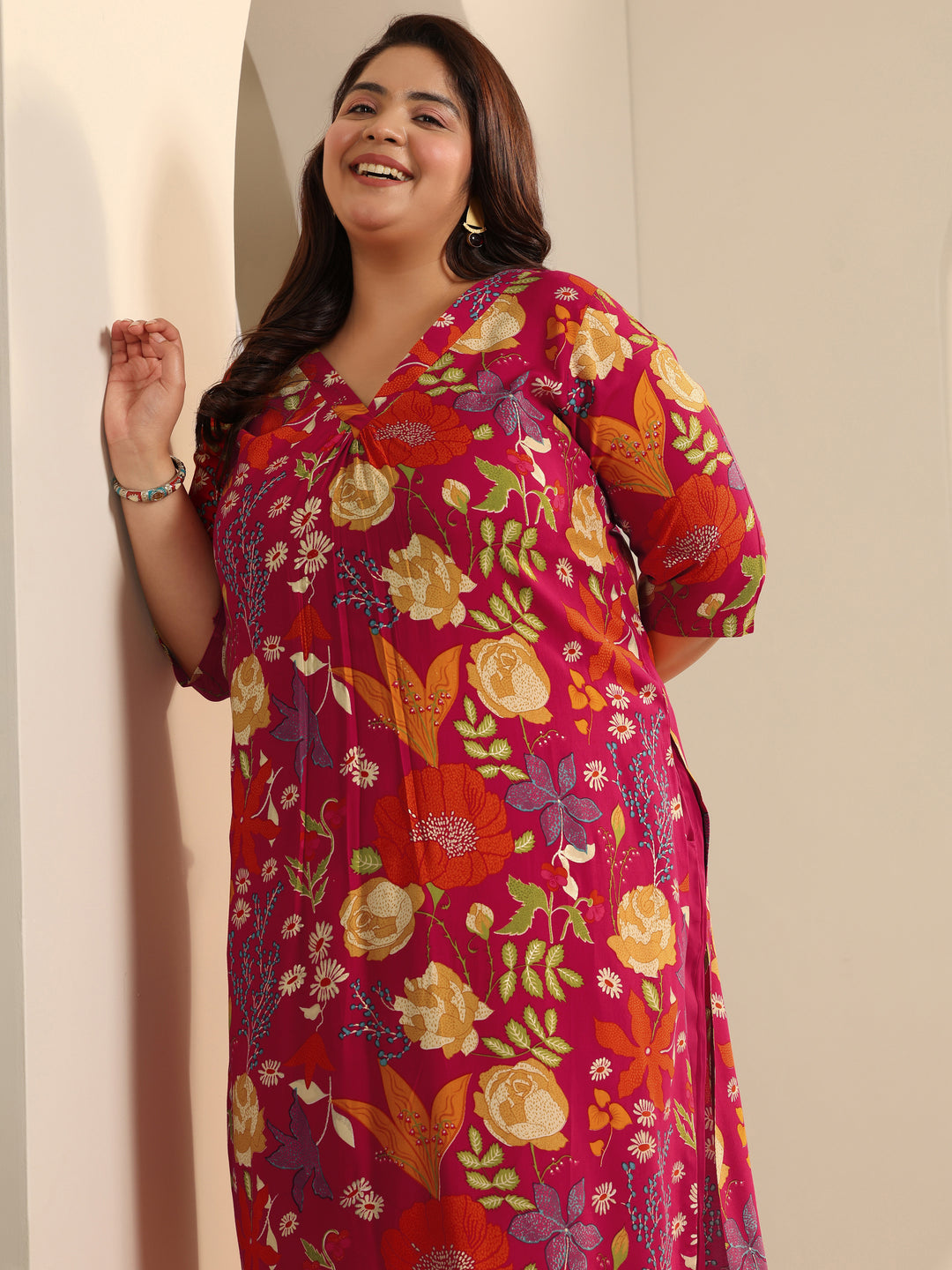 Plus Size Red Printed Viscose Straight Kurta Set