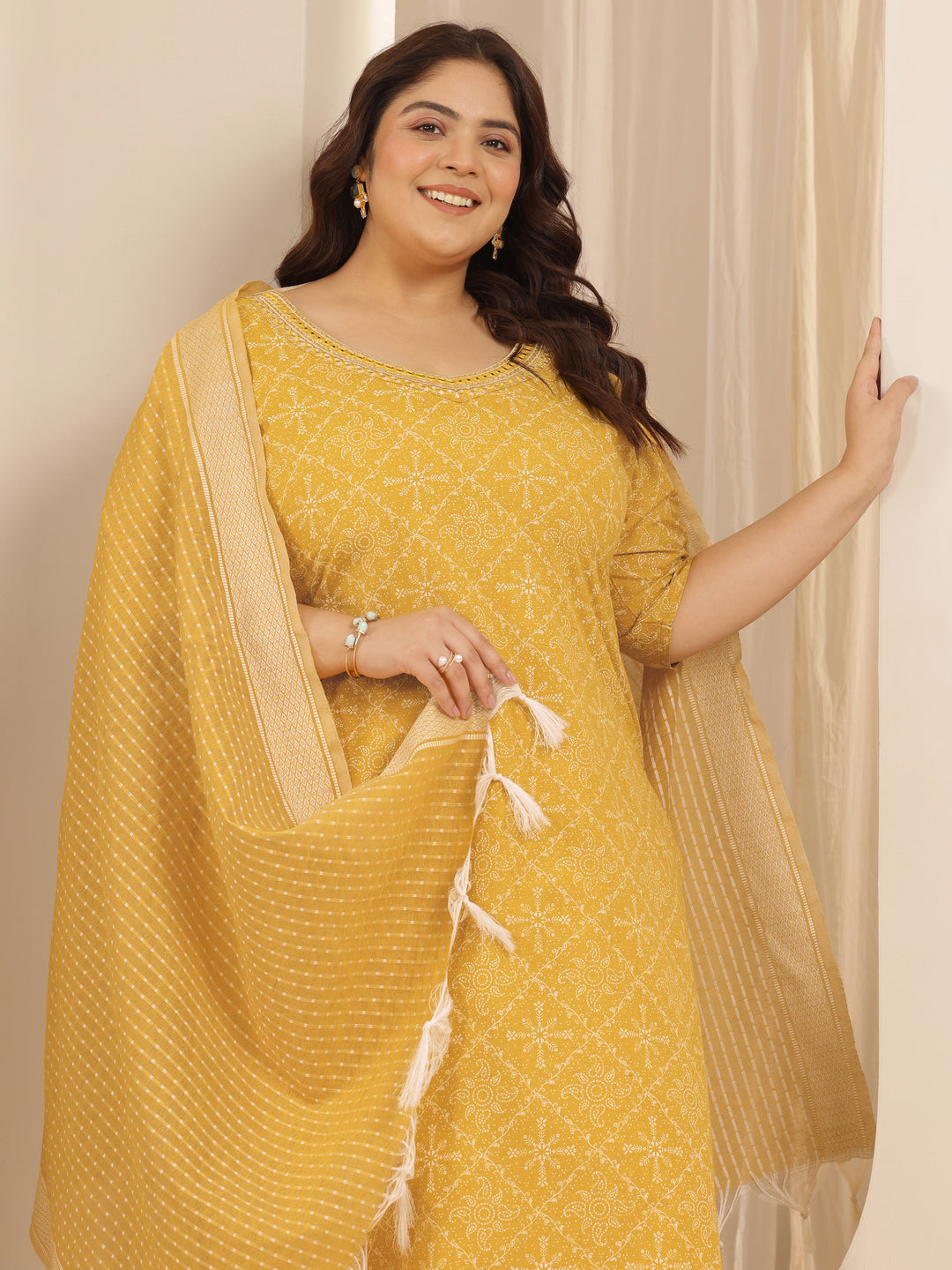 Plus Size Yellow Printed Cotton Blend Straight Suit Set With Dupatta
