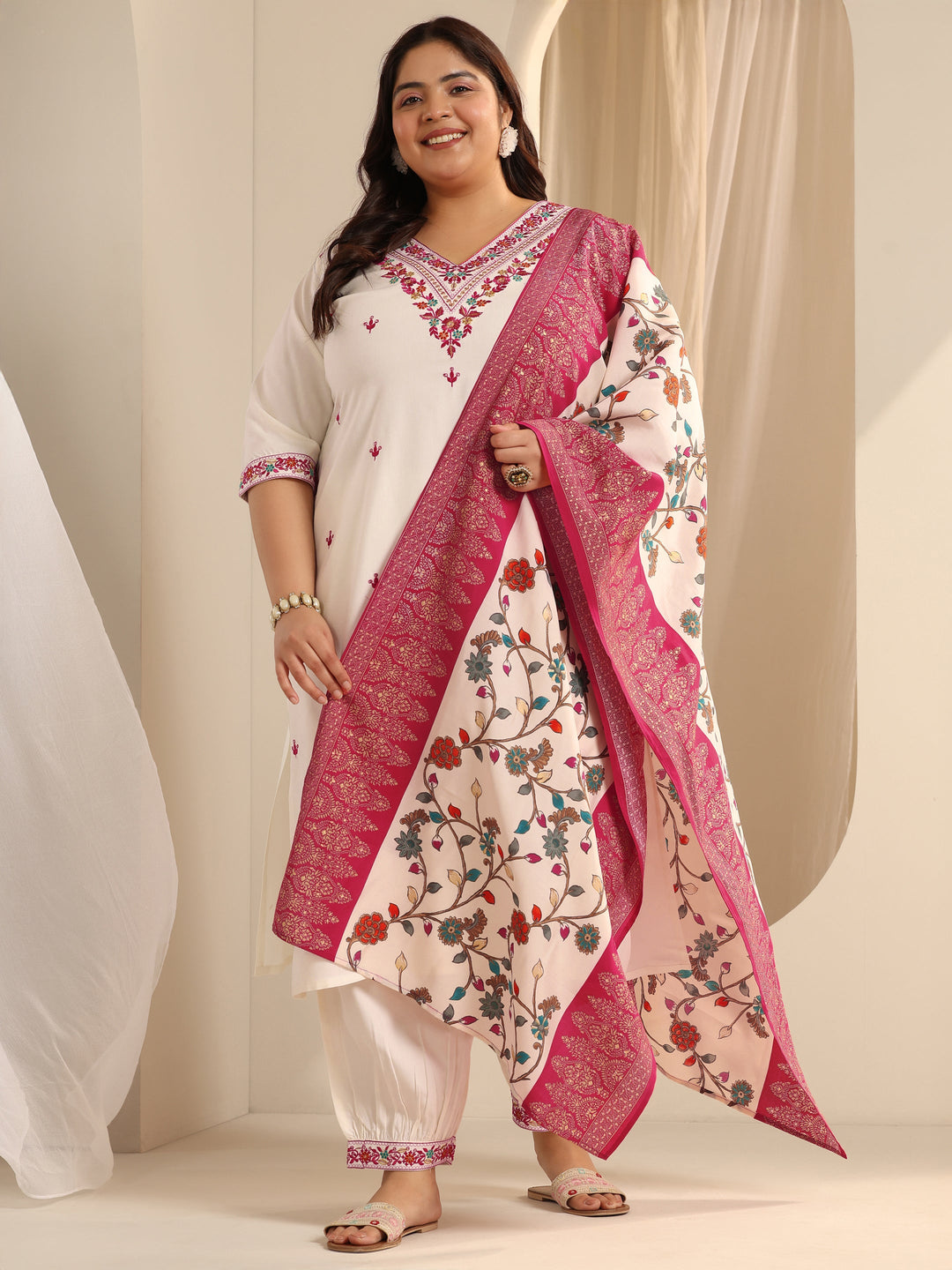 Plus Size White Embroidered Viscose Straight Suit Set With Dupatta