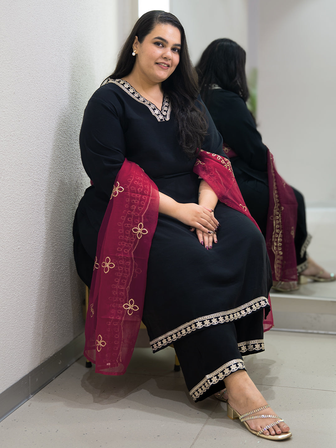 Plus Size Black Solid Silk blend Straight Suit Set With Dupatta