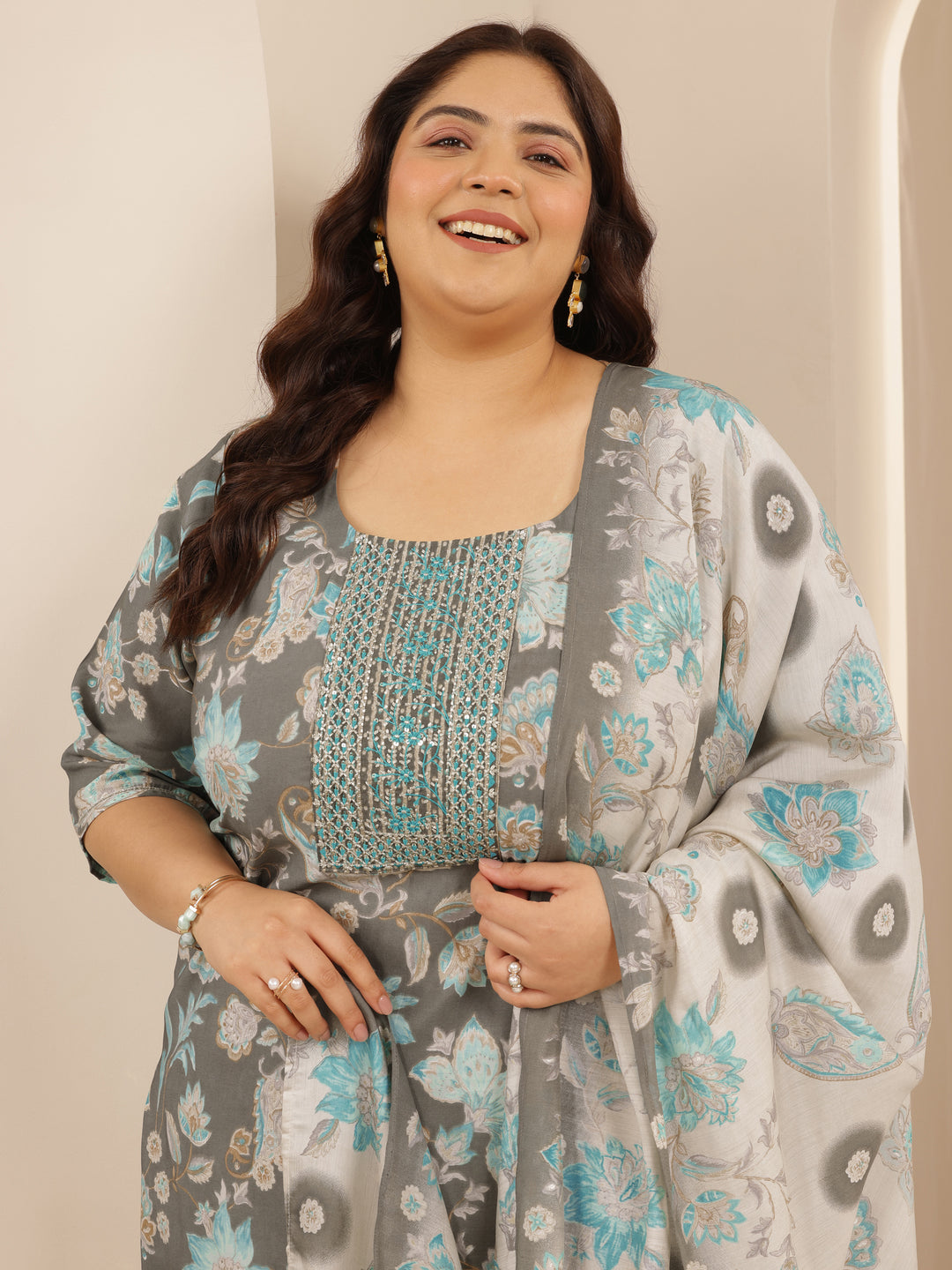 Plus Size Grey Printed Silk blend Straight Suit Set With Dupatta