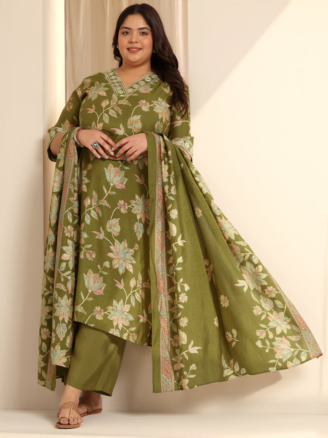 Olive Green Printed Silk blend Straight Suit Set With Dupatta