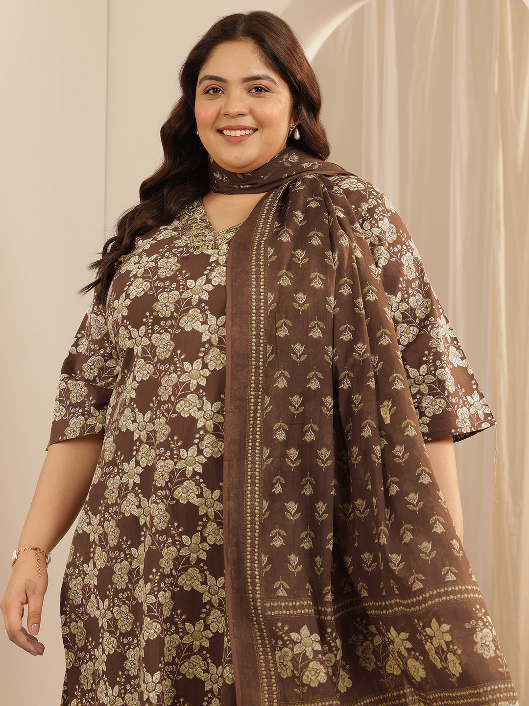 Plus Size Brown Printed Cotton Straight Suit Set With Dupatta