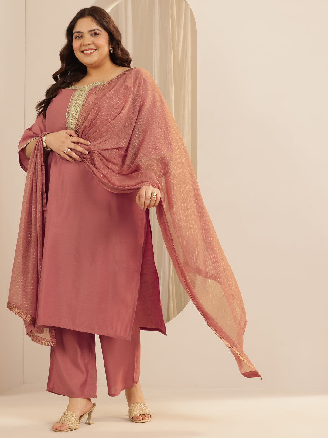 Plus Size Peach Yoke Design Silk blend Straight Suit Set With Dupatta