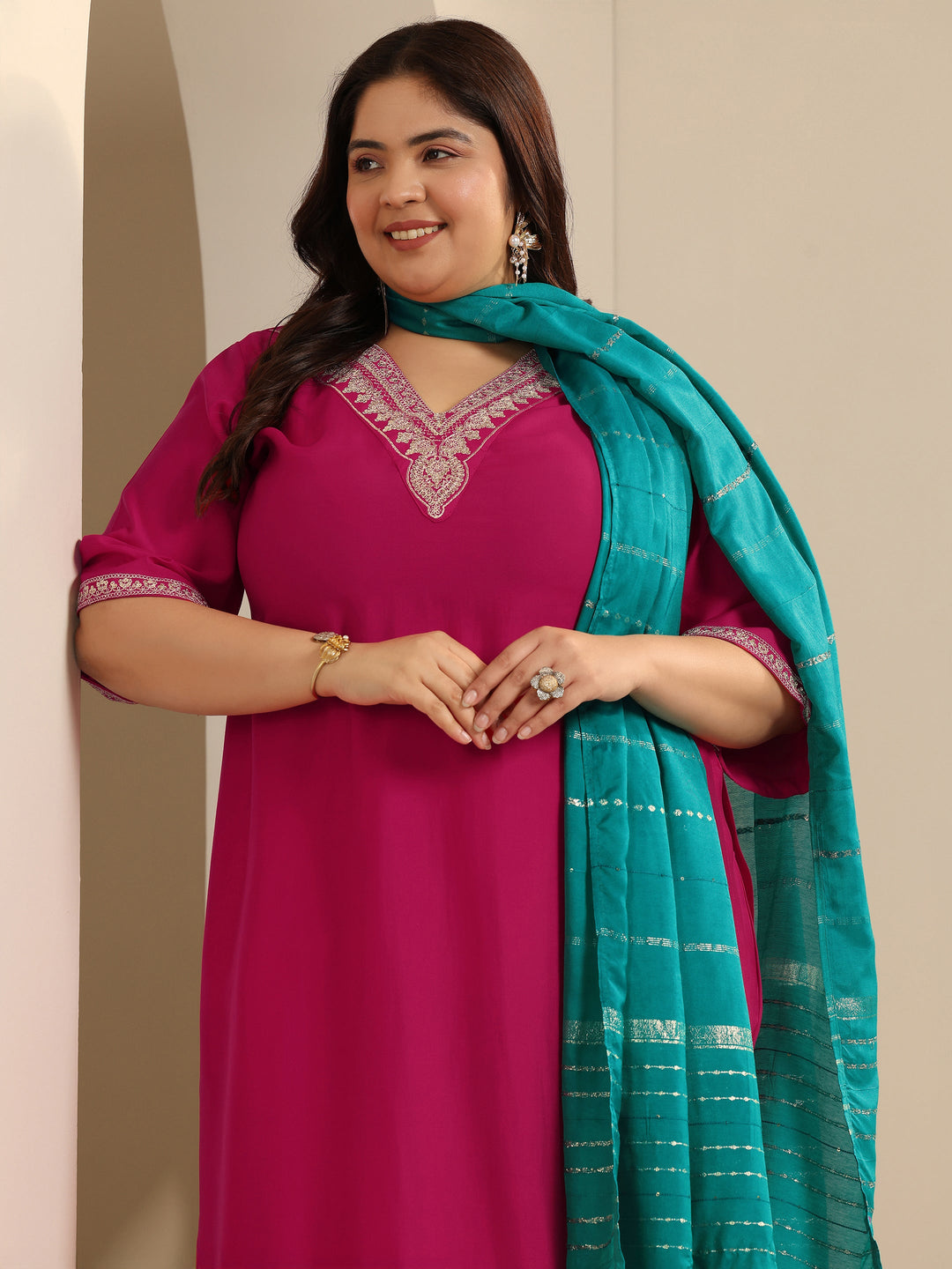Plus Size Pink Yoke Design Silk blend Straight Suit Set With Dupatta