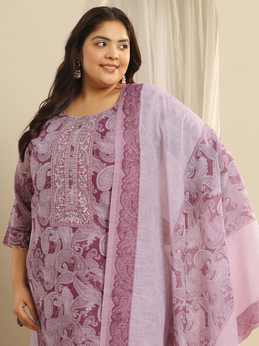 Plus Size Pink Printed Cotton Blend Straight Suit Set With Dupatta