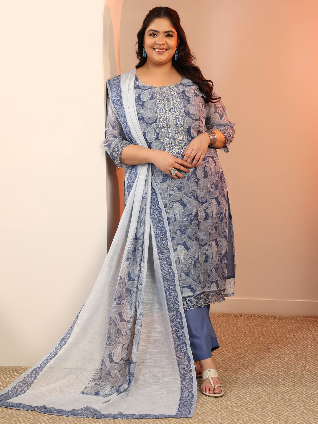 Plus Size Blue Printed cotton blend Straight Suit Set With Dupatta