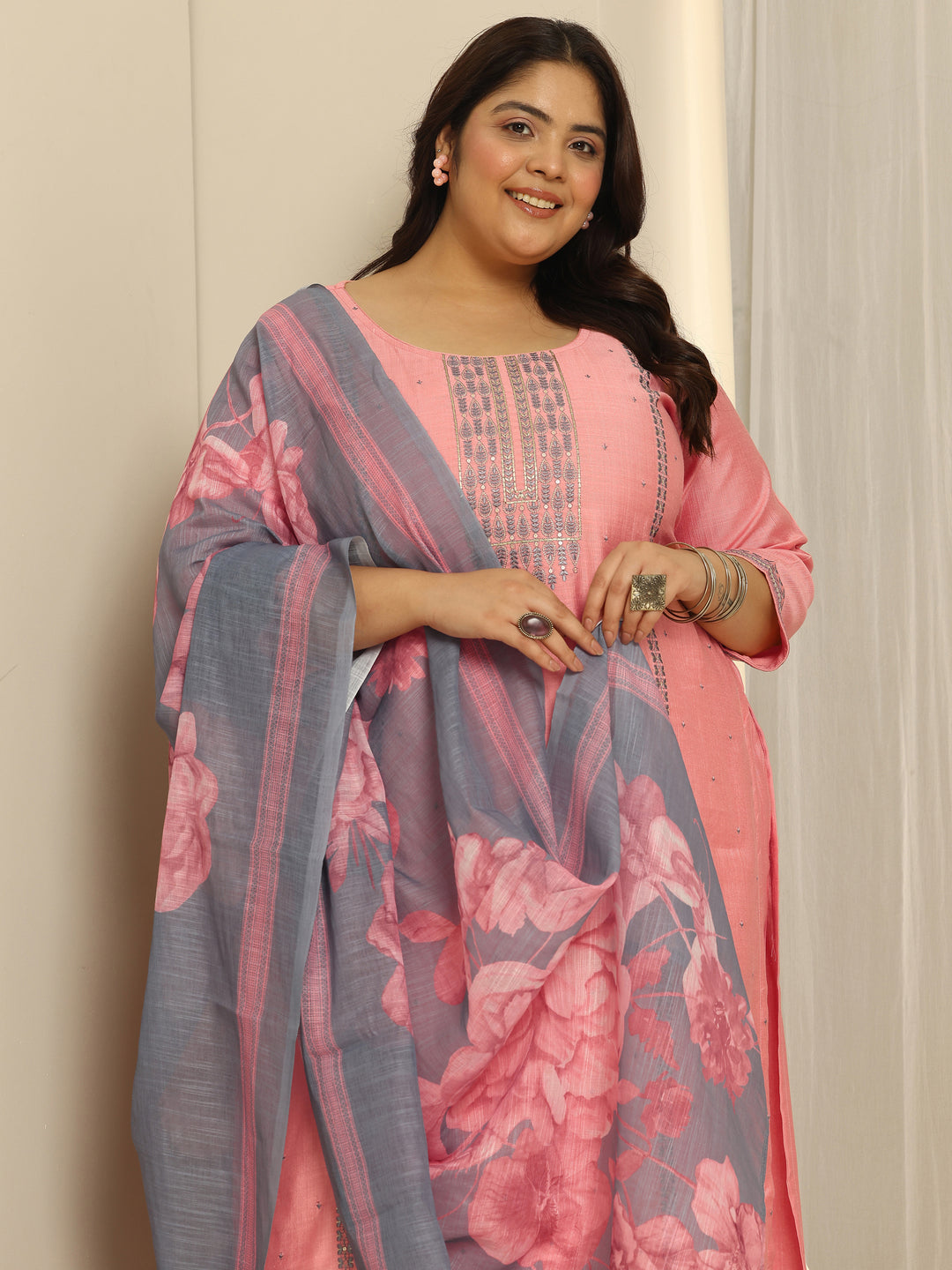 Plus Size Pink Printed Cotton Blend Straight Suit Set With Dupatta