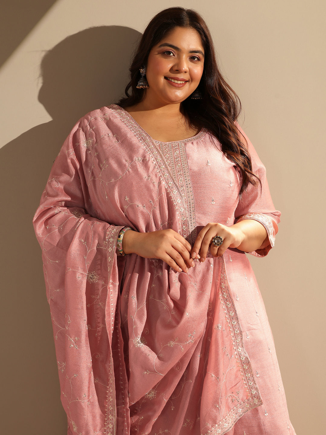 Plus Size Peach Embroidered Silk blend Straight Suit Set With Dupatta