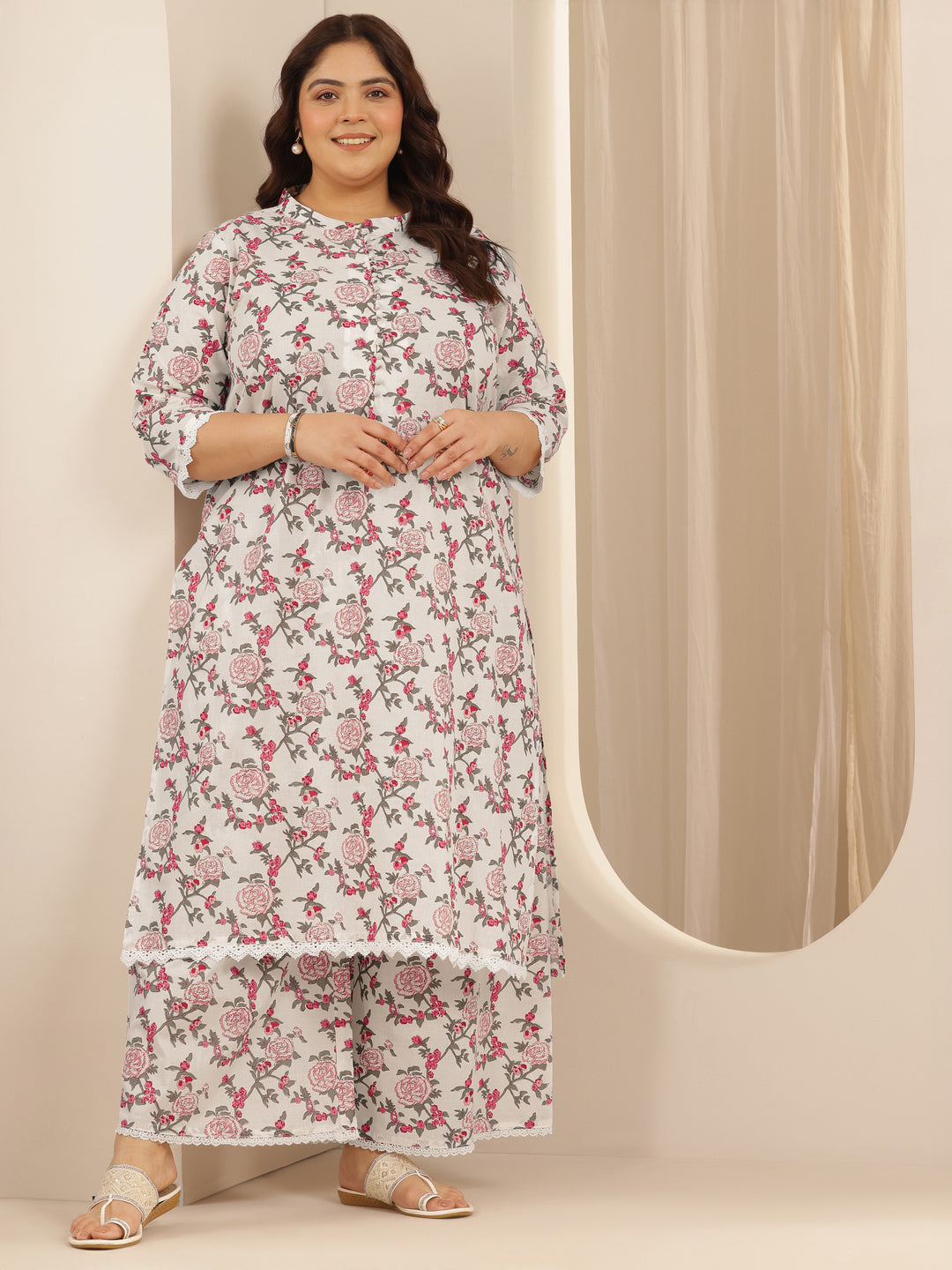 Plus Size Off White Printed Cotton Blend Straight Kurta Set
