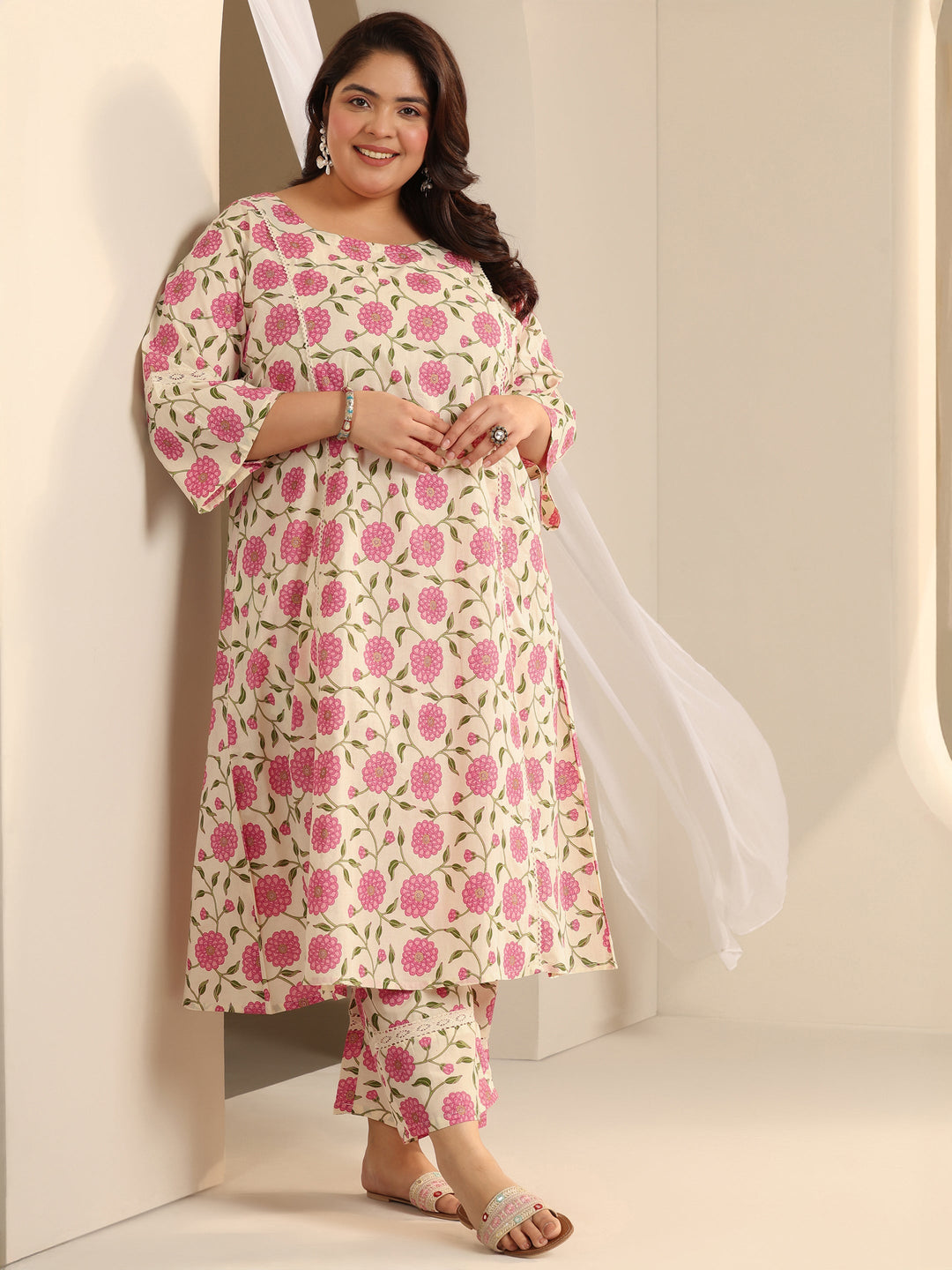 Plus Size Off White Printed Cotton Blend Straight Kurta Set
