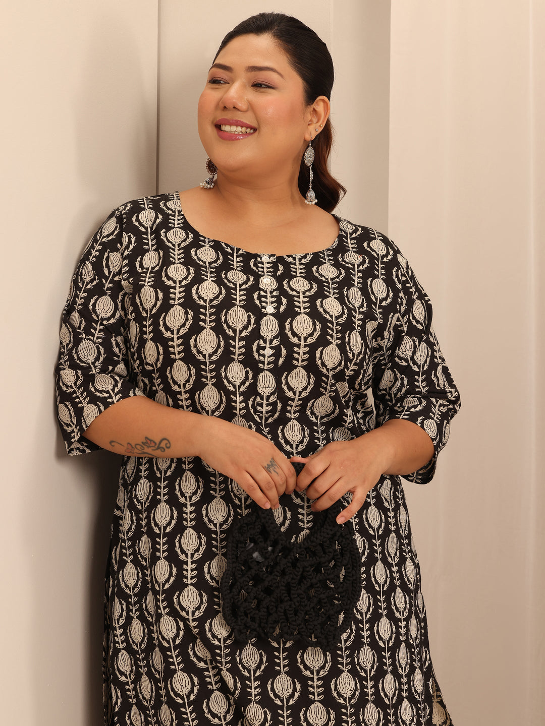 Plus Size Black Printed Cotton Straight Kurta Set