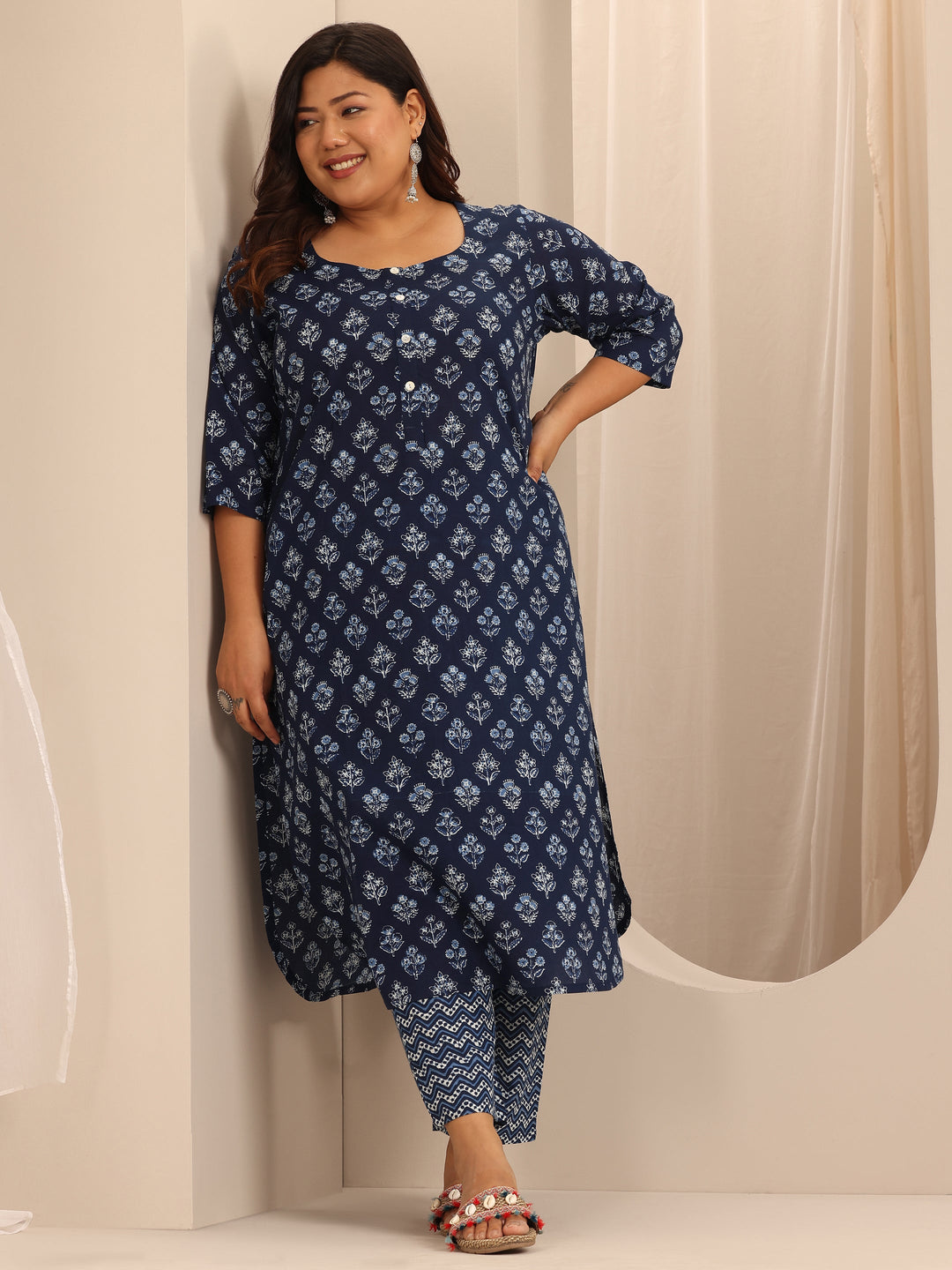 Plus Size Blue Printed Cotton Straight Kurta Set