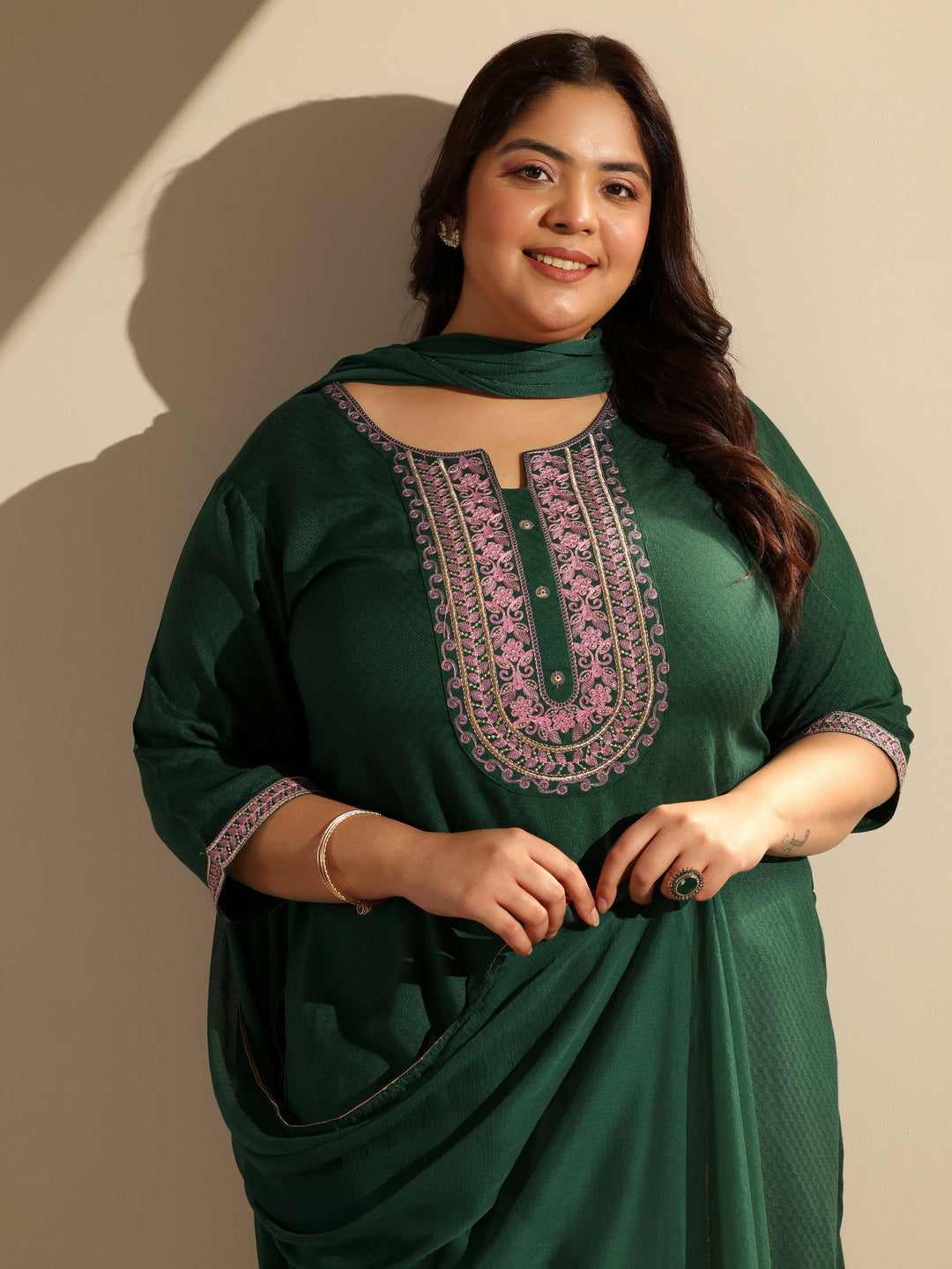 Plus Size Green Woven Design Viscose Straight Suit Set With Dupatta