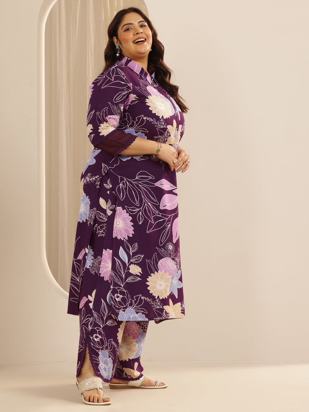 Plus Size Burgundy Printed Viscose Straight Kurta Set