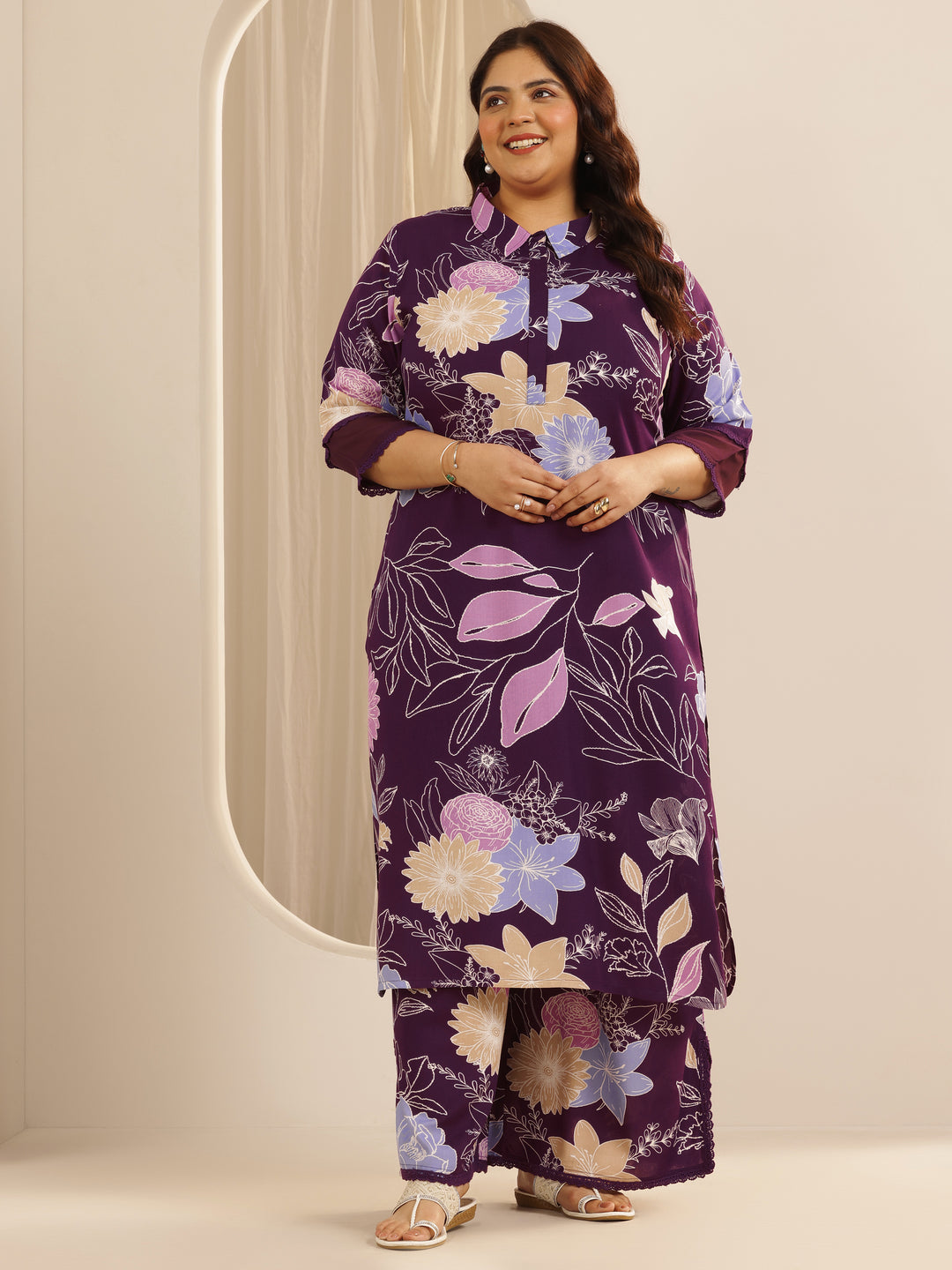 Plus Size Burgundy Printed Viscose Straight Kurta Set