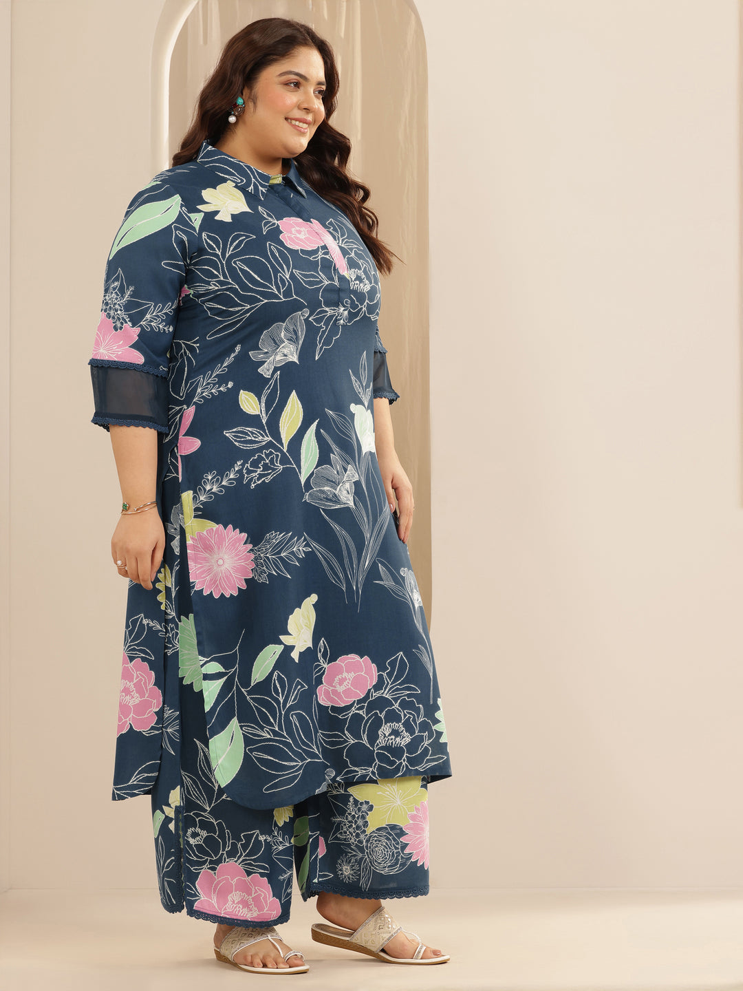 Plus Size Blue Printed Viscose Straight Kurta Set
