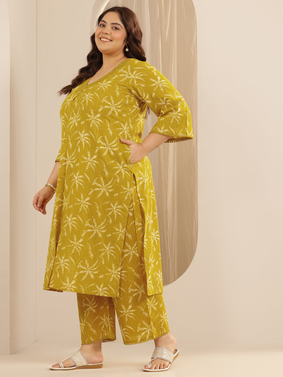 Plus Size Yellow Printed Cotton Straight Kurta Set