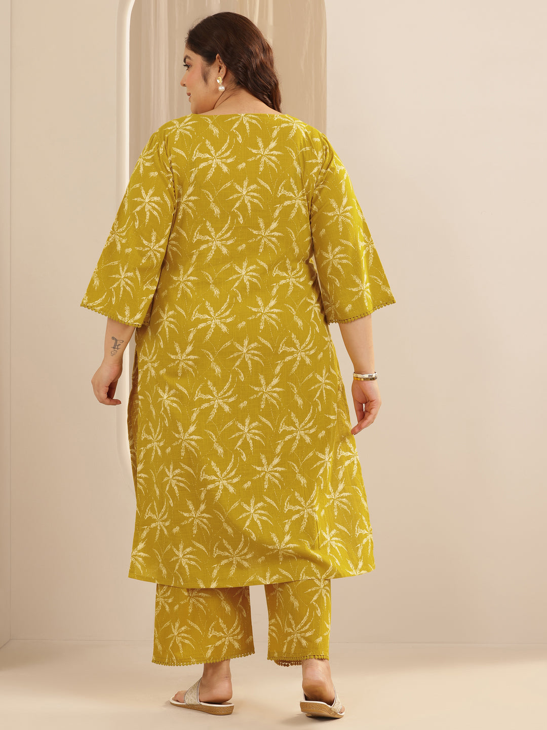 Plus Size Yellow Printed Cotton Straight Kurta Set