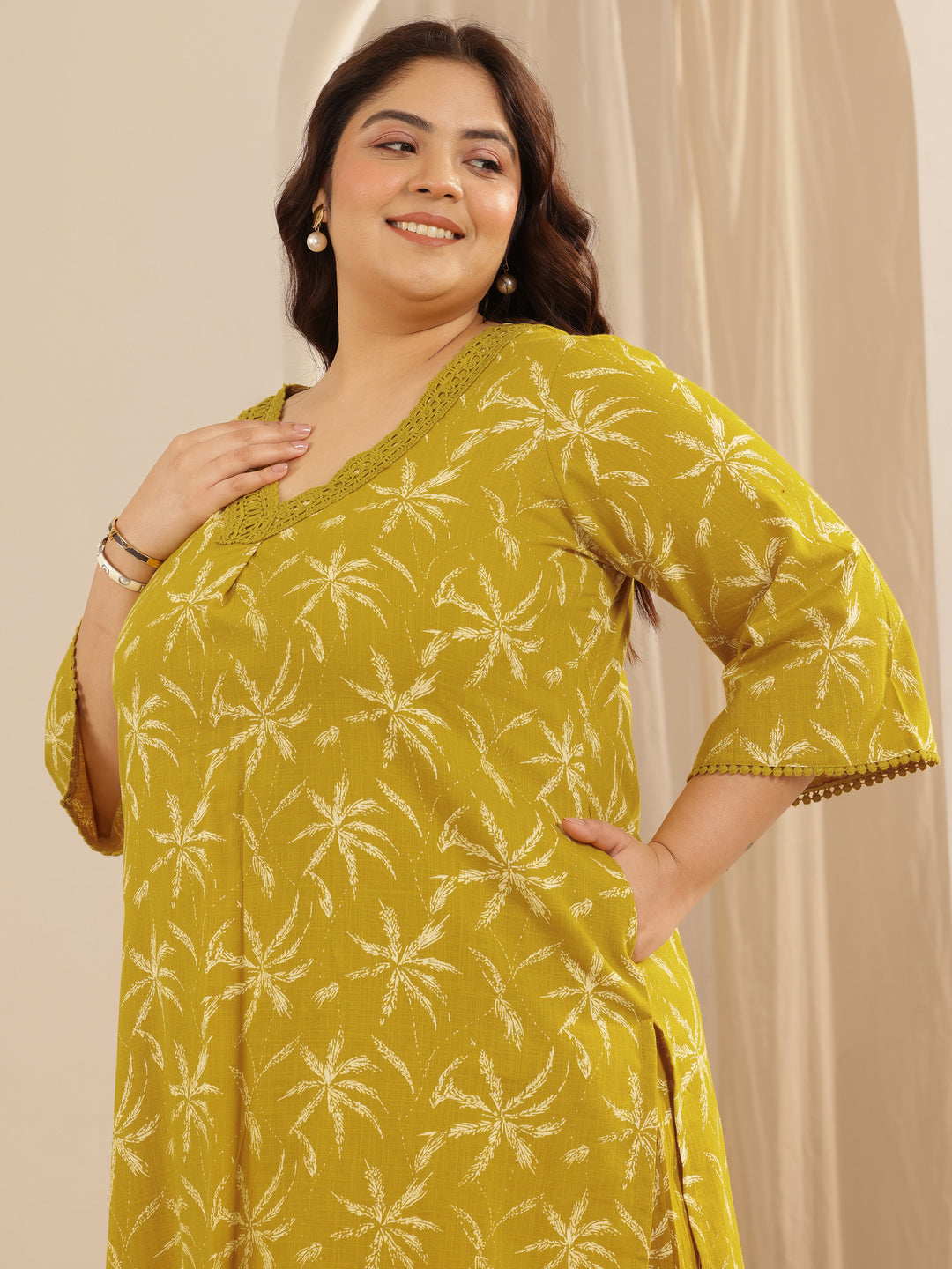 Plus Size Yellow Printed Cotton Straight Kurta Set
