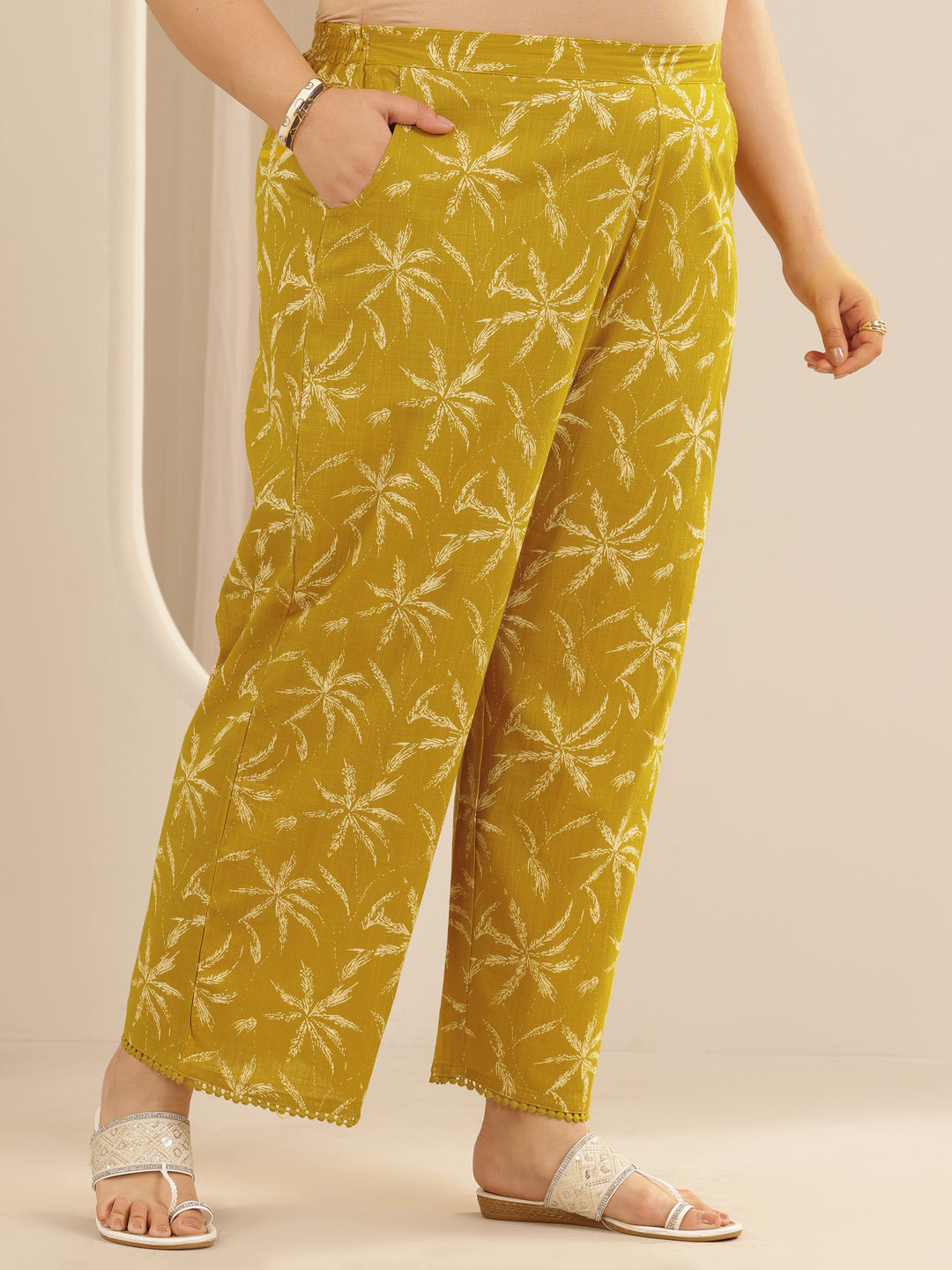 Plus Size Yellow Printed Cotton Straight Kurta Set