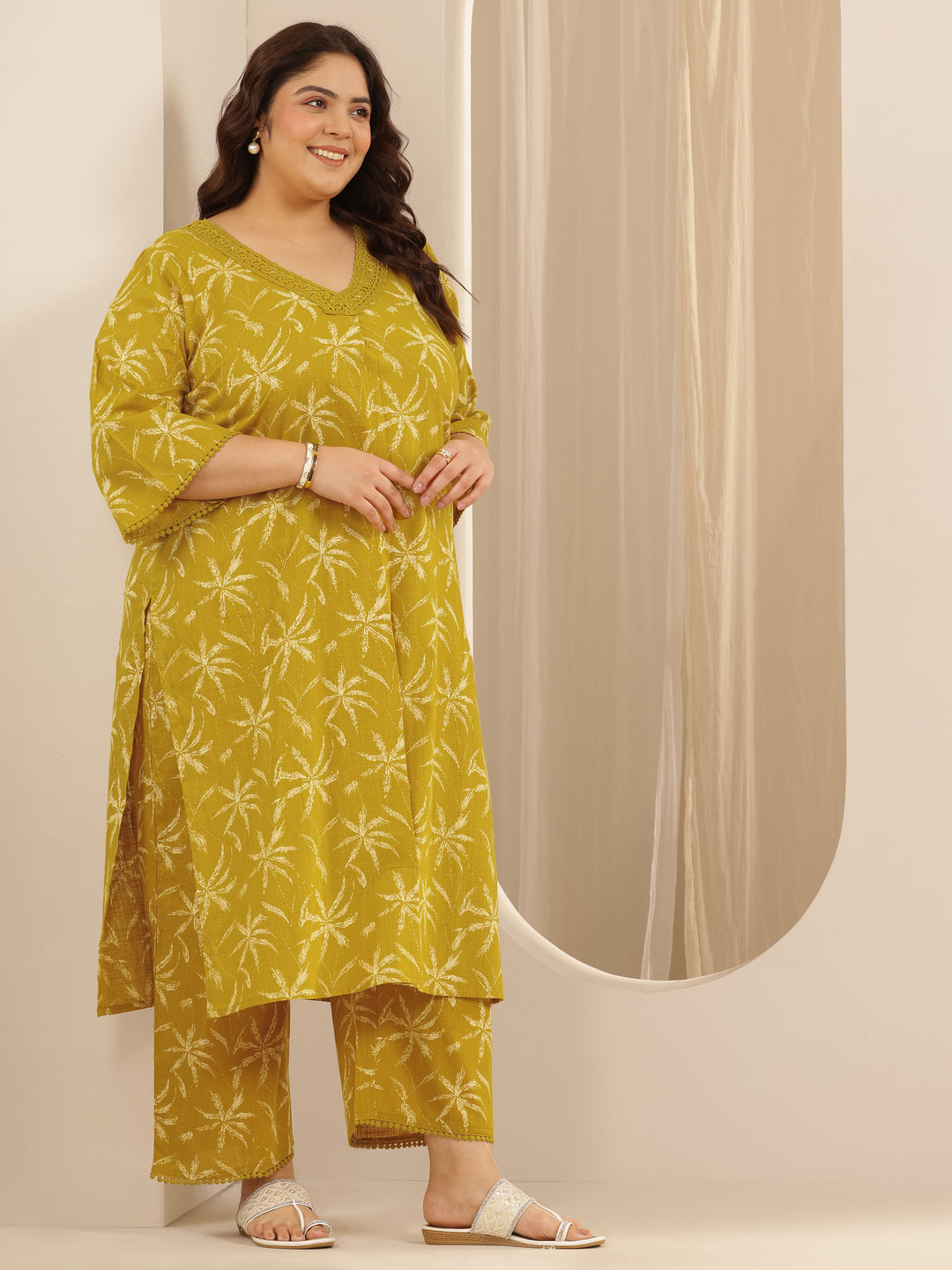 Plus Size Yellow Printed Cotton Straight Kurta Set