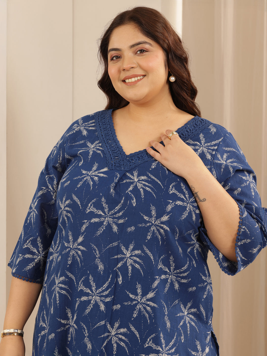 Plus Size Blue Printed Cotton Straight Kurta Set