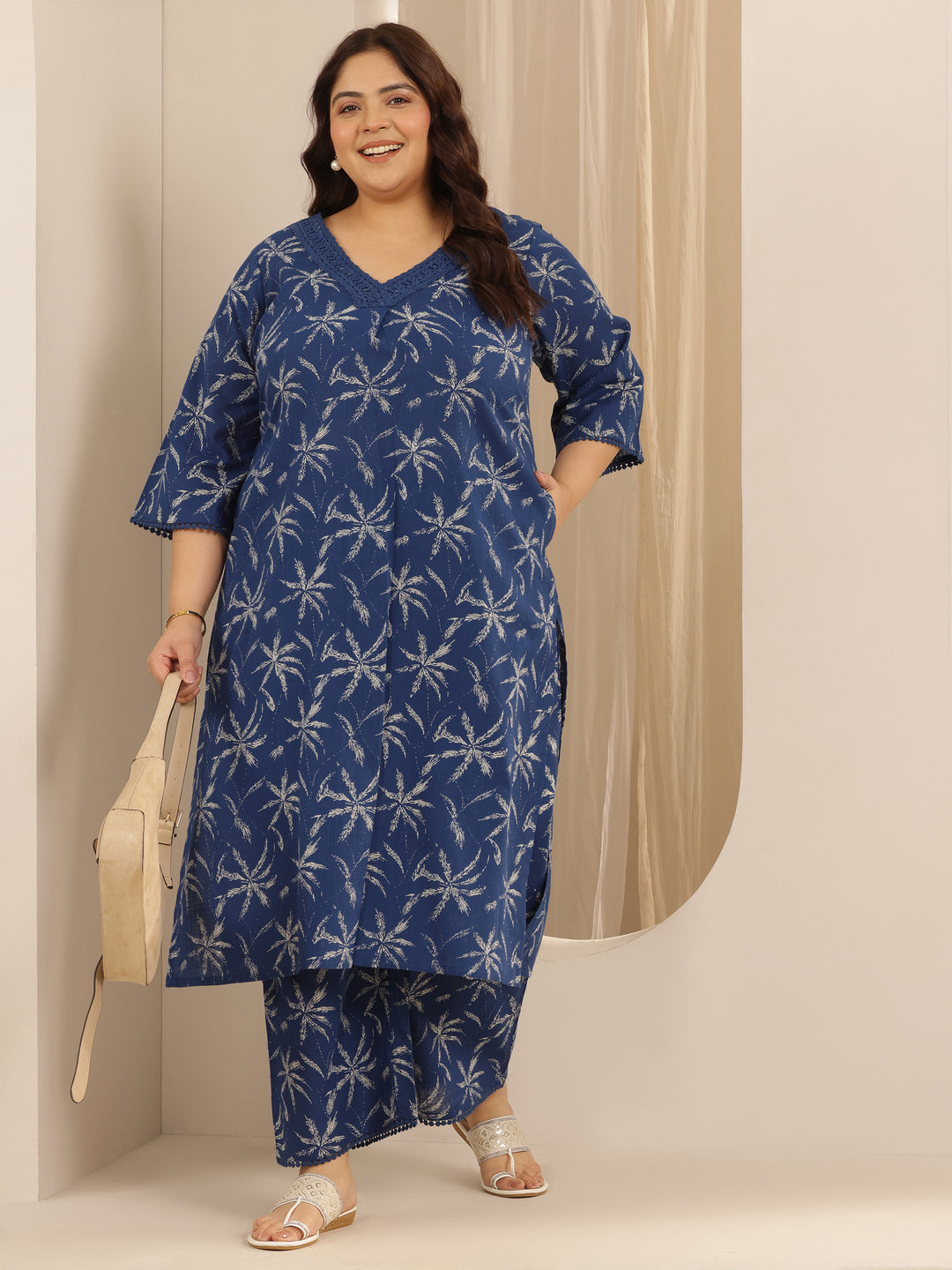Plus Size Blue Printed Cotton Straight Kurta Set