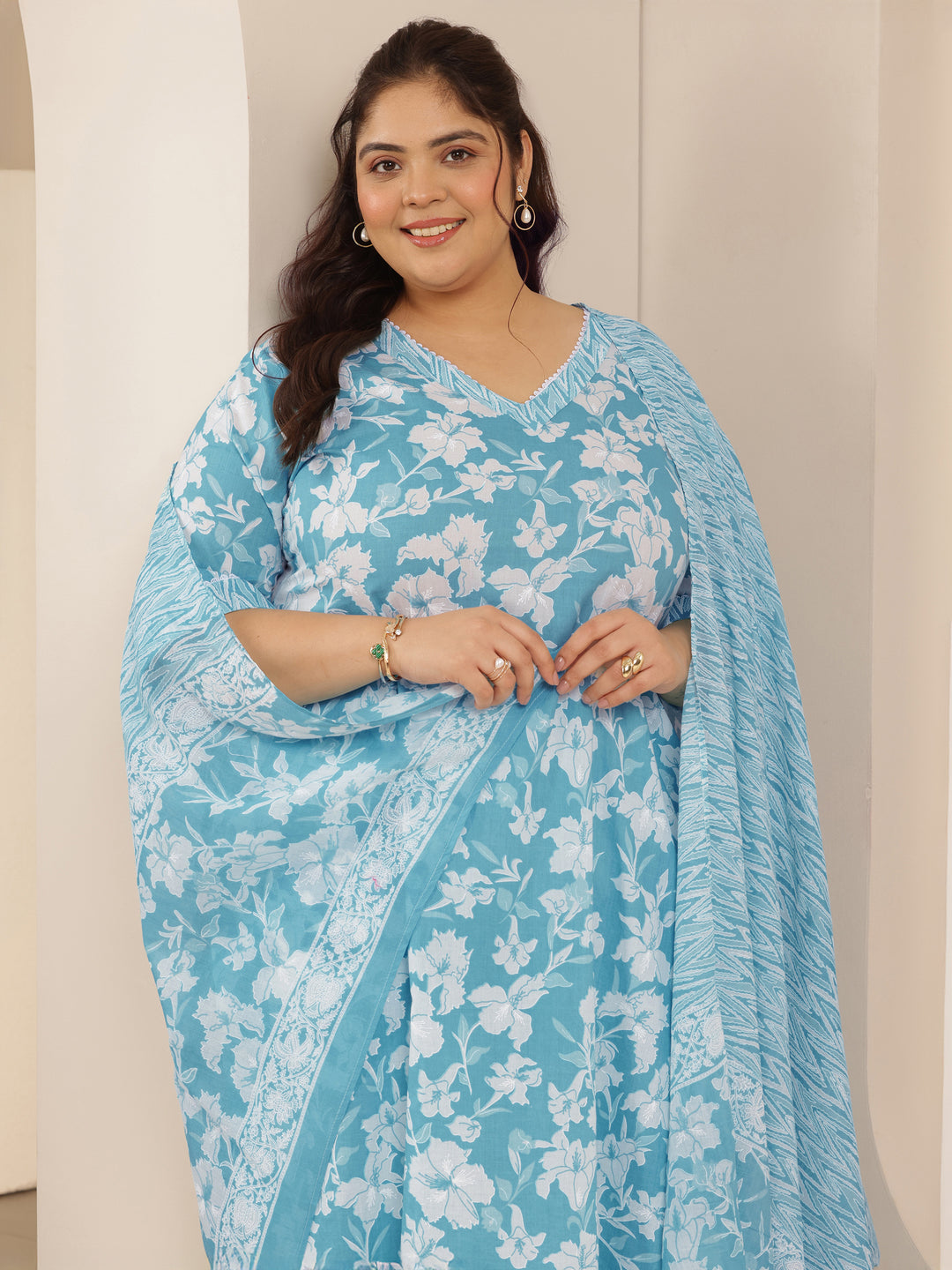Plus Size Blue Printed Cotton Straight Suit Set With Dupatta