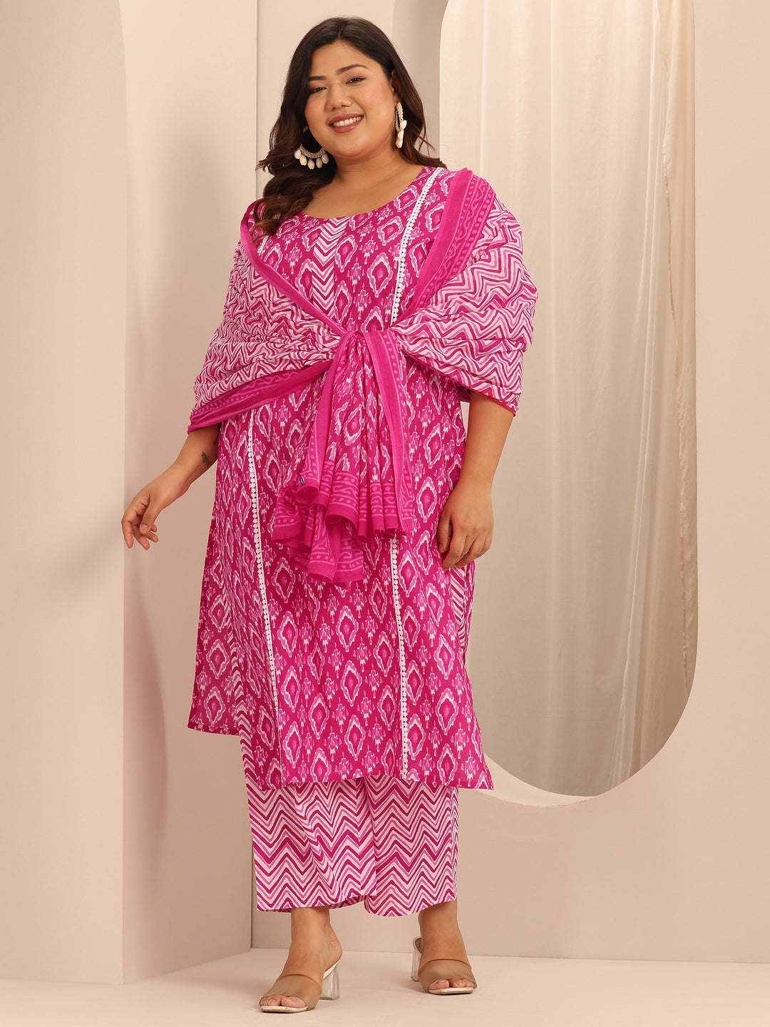 Plus Size Pink Printed Cotton Straight Suit Set With Dupatta