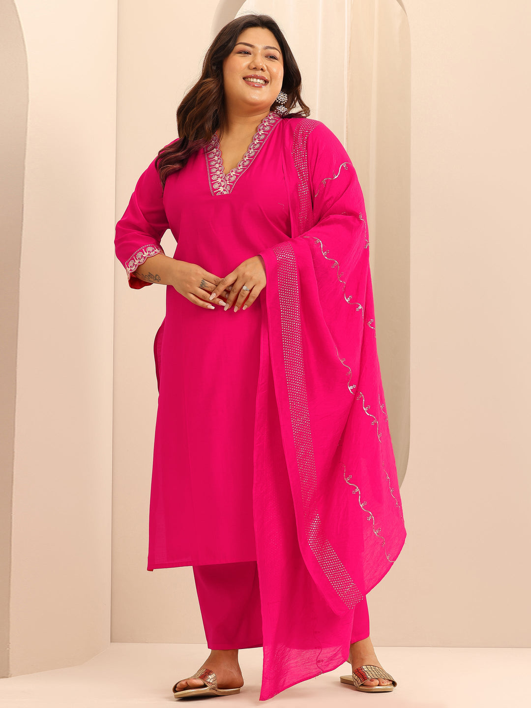 Plus Size Pink Embellished Silk Blend Straight Suit Set With Dupatta