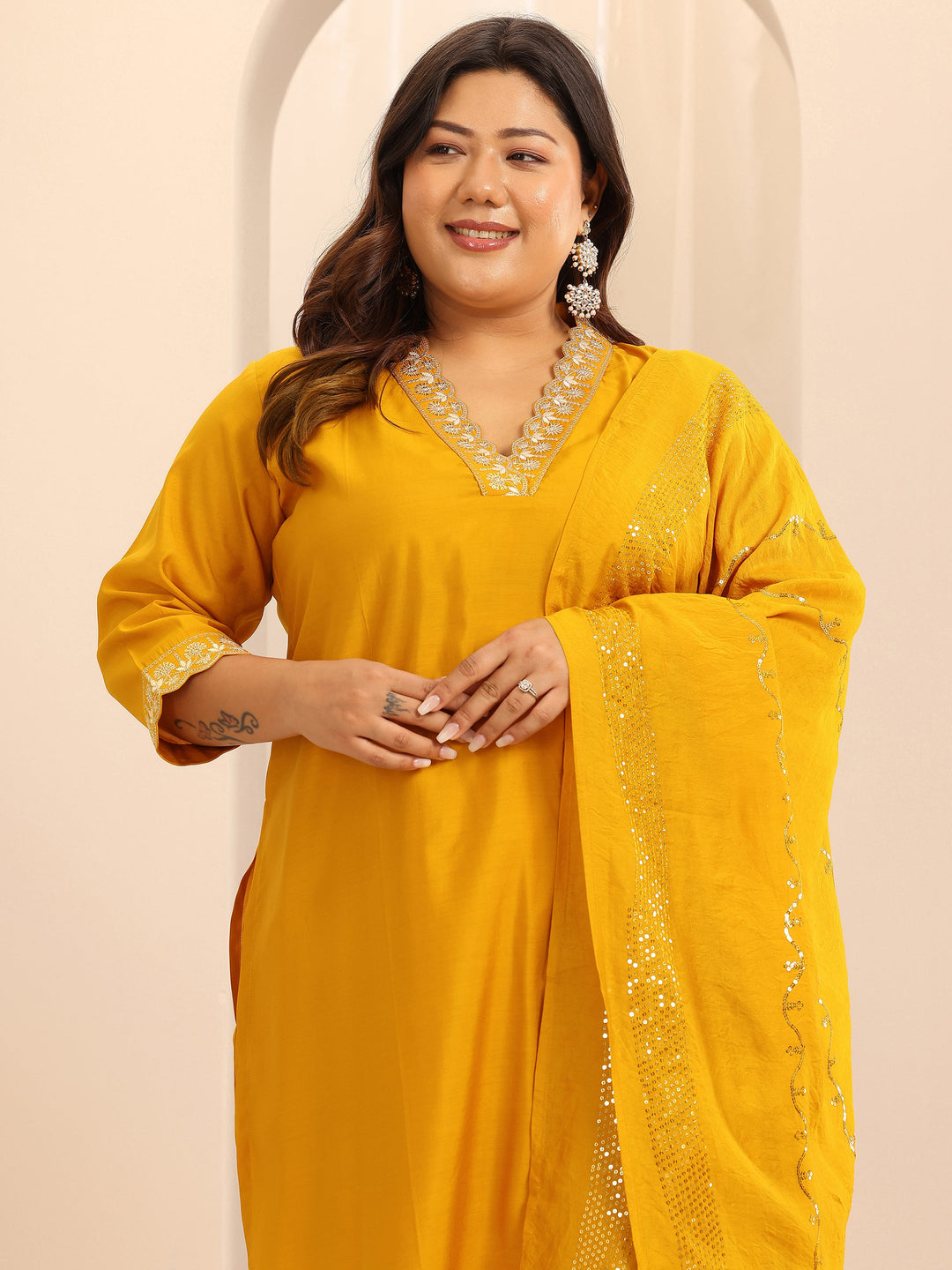 Plus Size Mustard Embellished Silk Blend Straight Suit Set With Dupatta