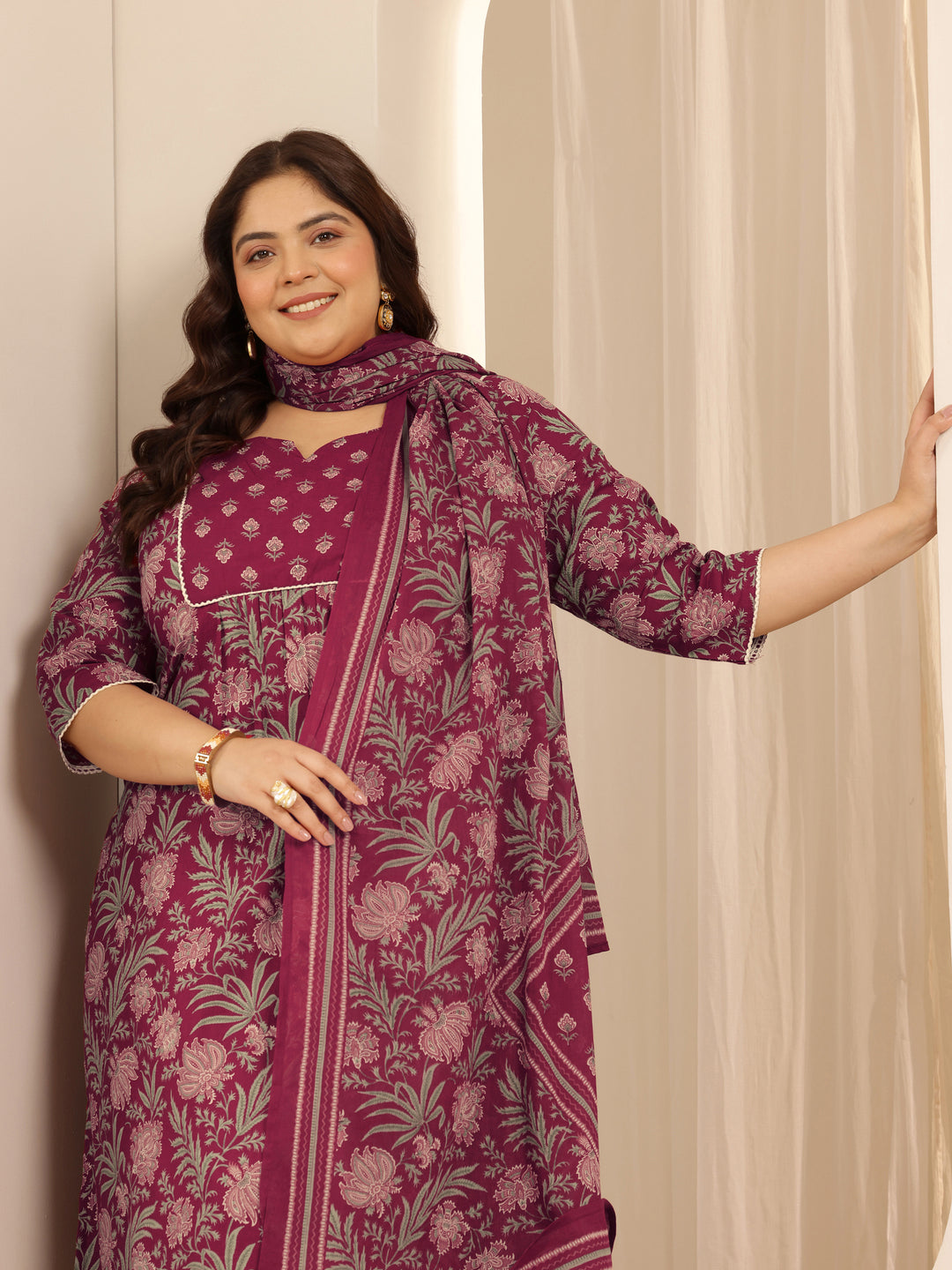Plus Size Pink Printed Cotton Straight Suit Set With Dupatta