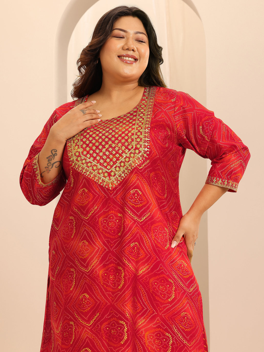 Plus Size Red Printed Silk Blend Straight Suit Set With Dupatta