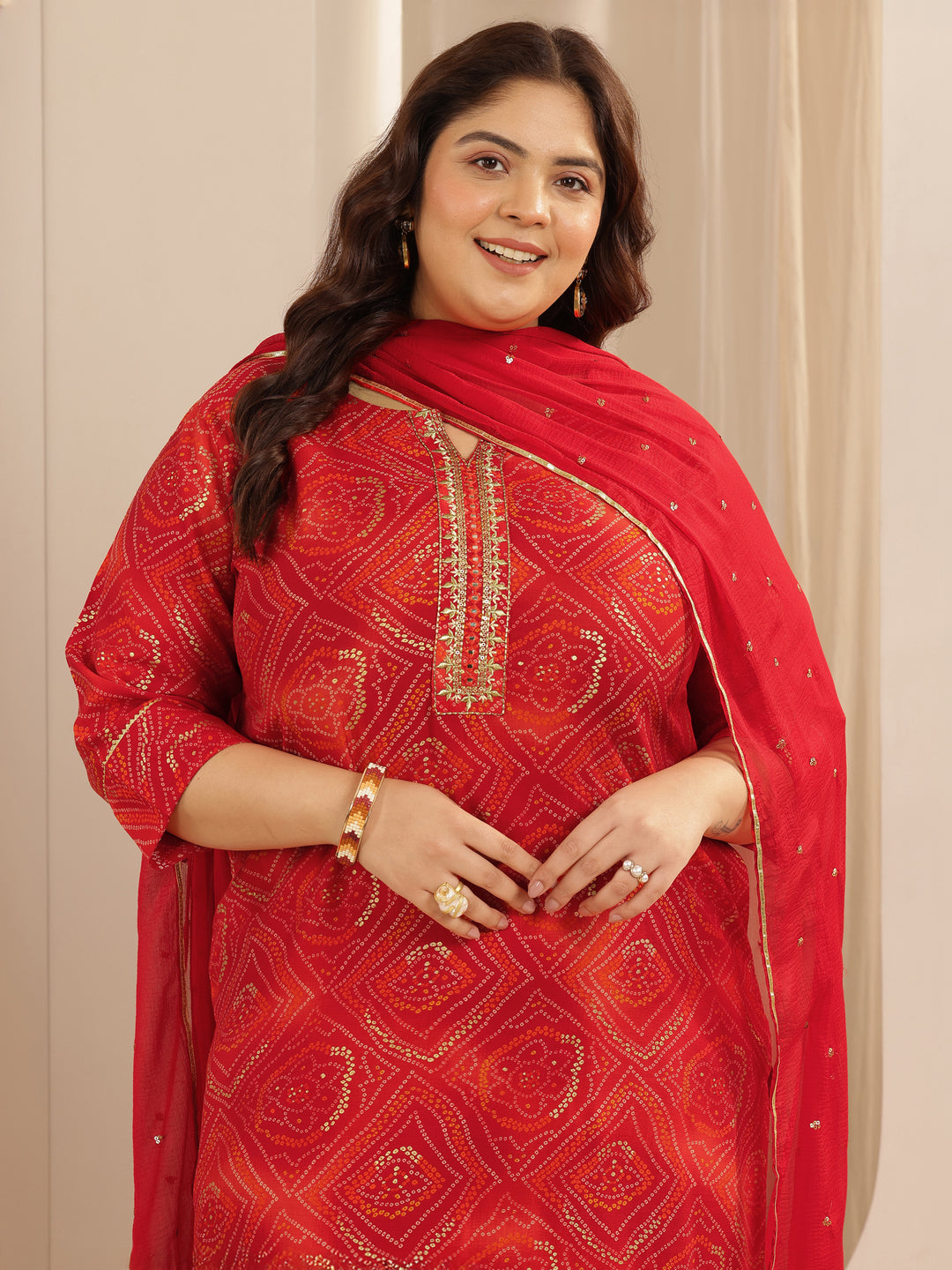 Plus Size Red Printed Silk blend Straight Suit Set With Dupatta