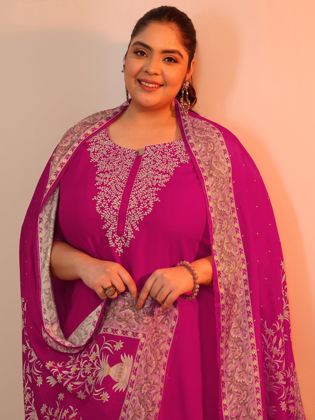 Plus Size Pink Yoke Design Viscose Straight Suit Set With Dupatta
