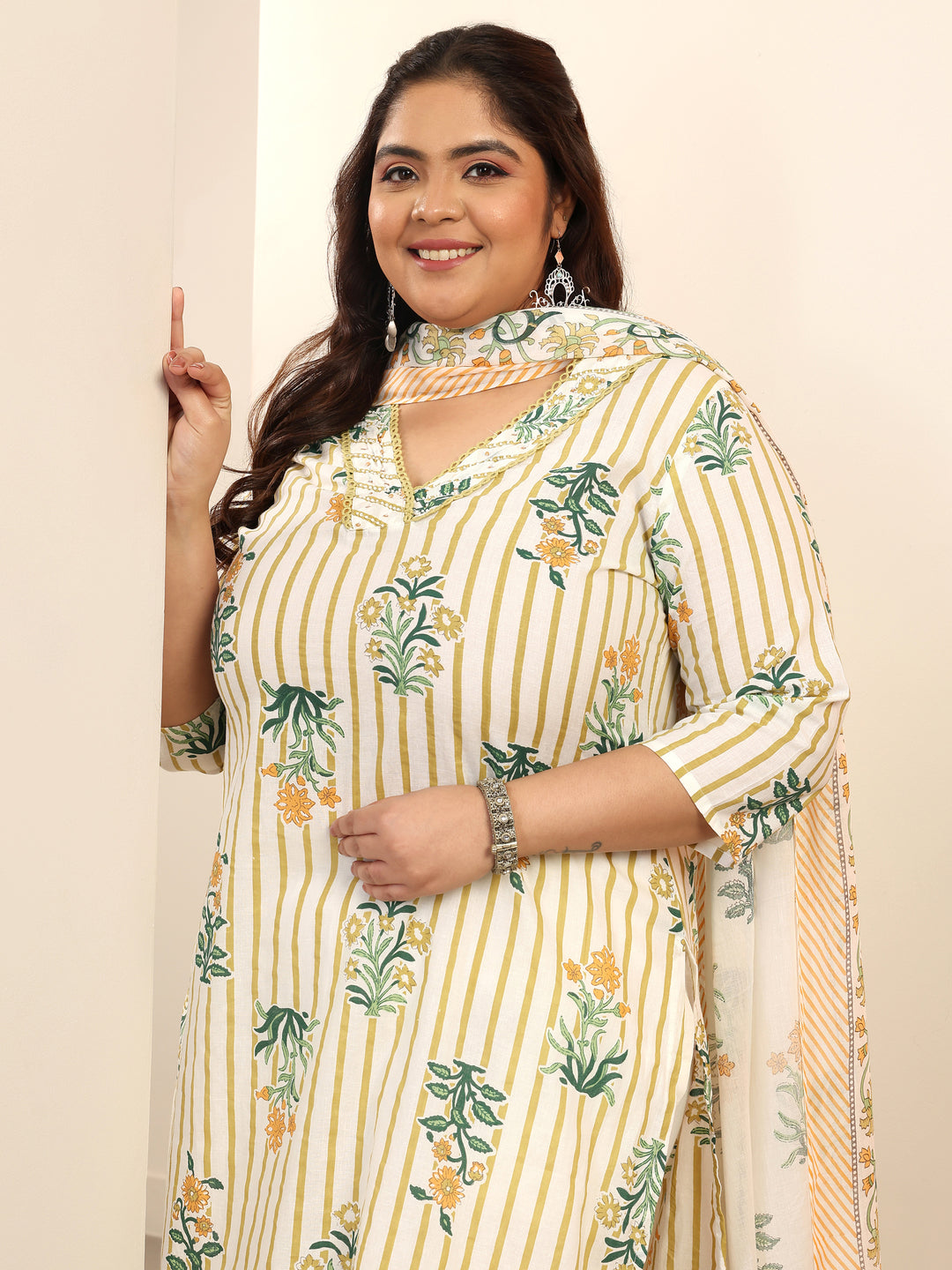 Plus Size Off White Printed Cotton Straight Suit Set With Dupatta
