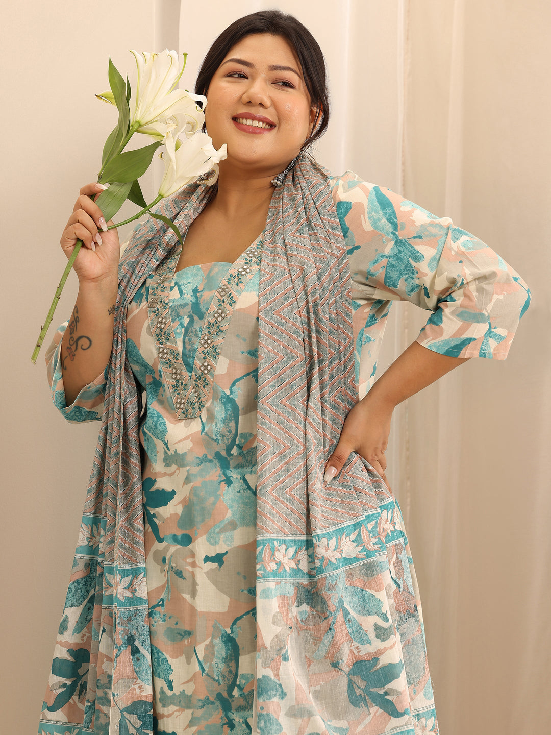 Plus Size Off White Printed Cotton Straight Suit Set With Dupatta